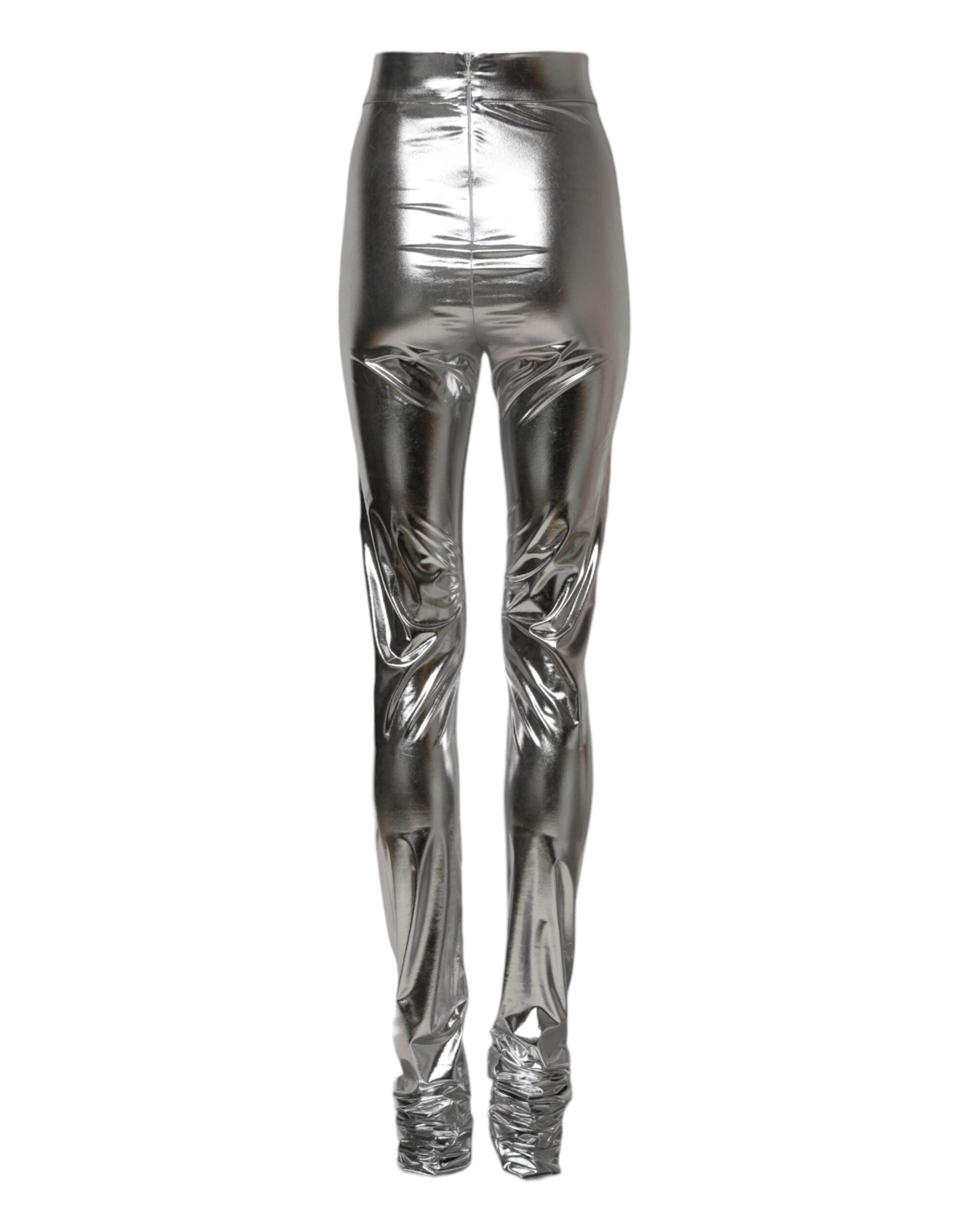 Leggings slim en polyester argenté métallisé de Dolce & Gabbana, ajustés et élégants, visibles en image.