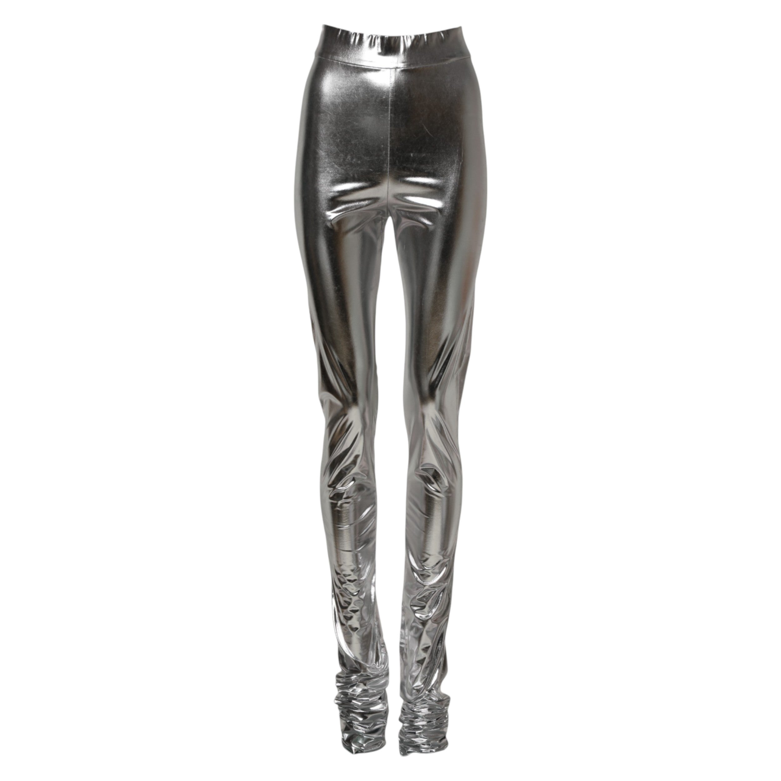 Leggings en polyester argenté métallique Dolce & Gabbana, coupe slim, vue de face sur fond blanc.