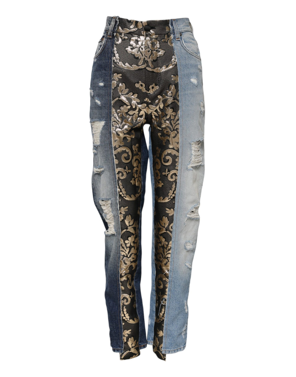 Jeans en denim à coupe tapered Dolce & Gabbana avec patchwork multicolore, visibles détails colorés et couture élégante.