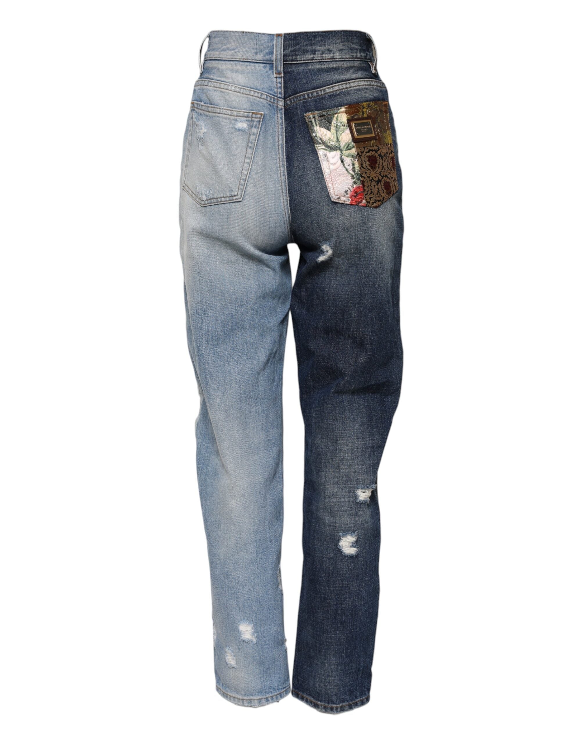 Jeans en denim coupe tapered à patchworks multicolores de Dolce & Gabbana, avec détails colorés et design tendance.