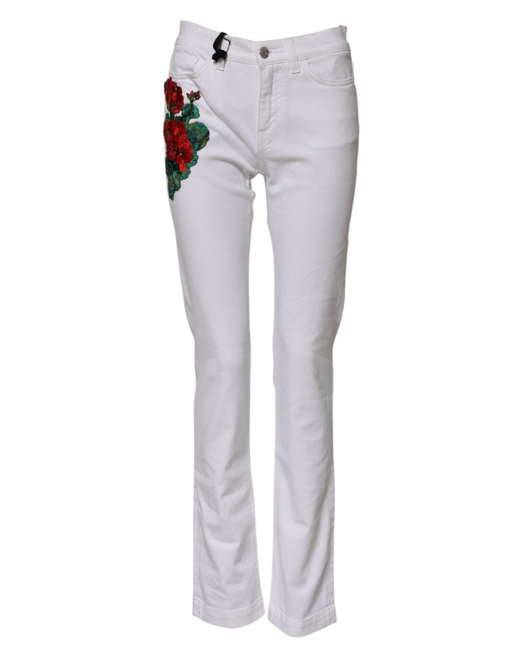 Jeans en denim blanc Dolce & Gabbana avec broderies florales féminines et détails girly, vue de face.