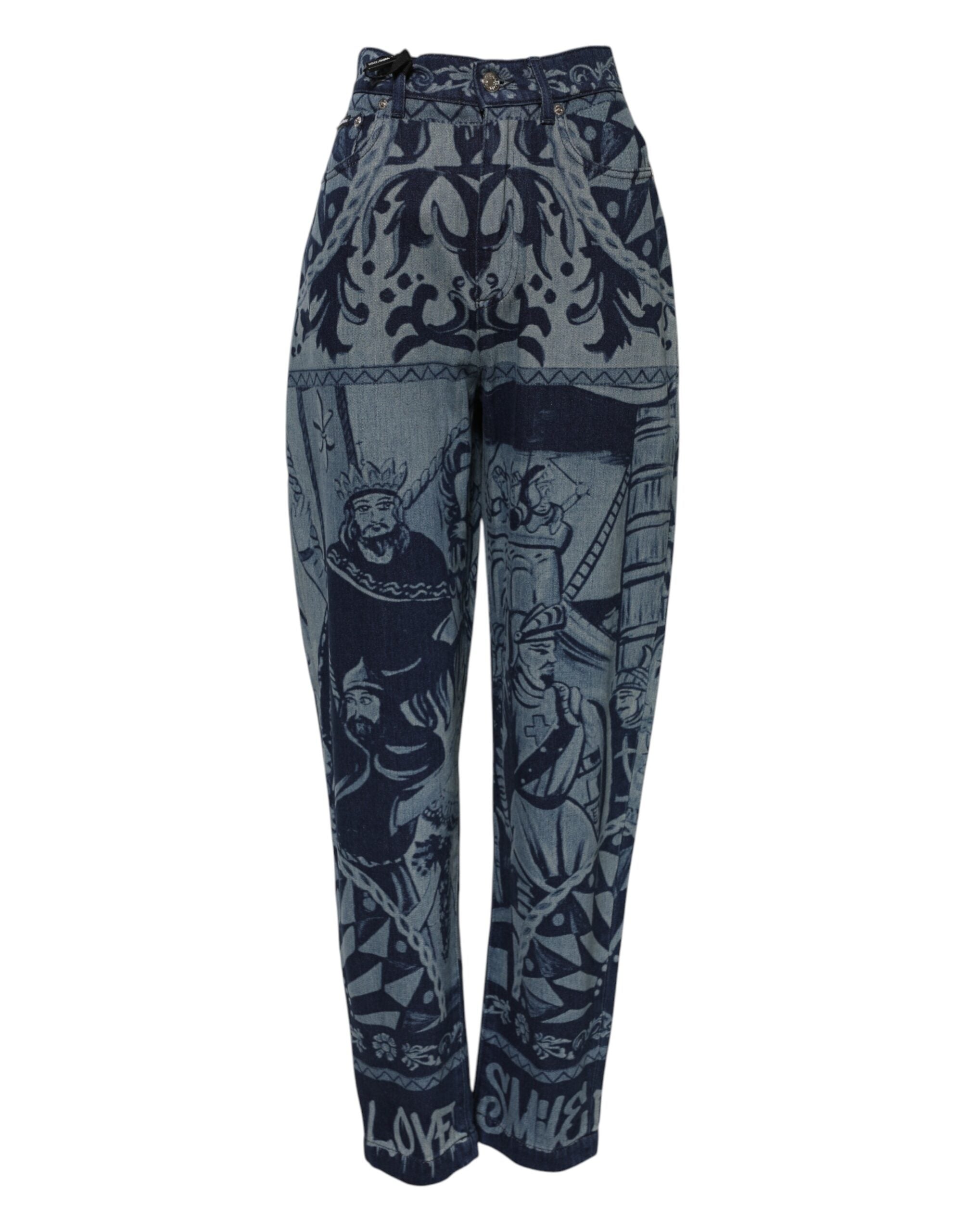 Jeans en denim bleu Dolce & Gabbana à motif graphique, coupe tapered, visible en détail sur l'image.