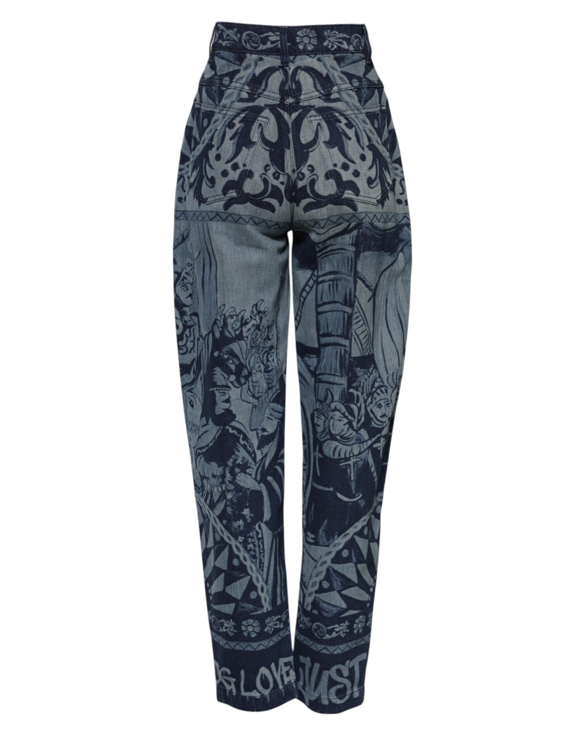 Jeans en denim tapered Dolce & Gabbana à imprimé graphique bleu, style moderne et tendance.