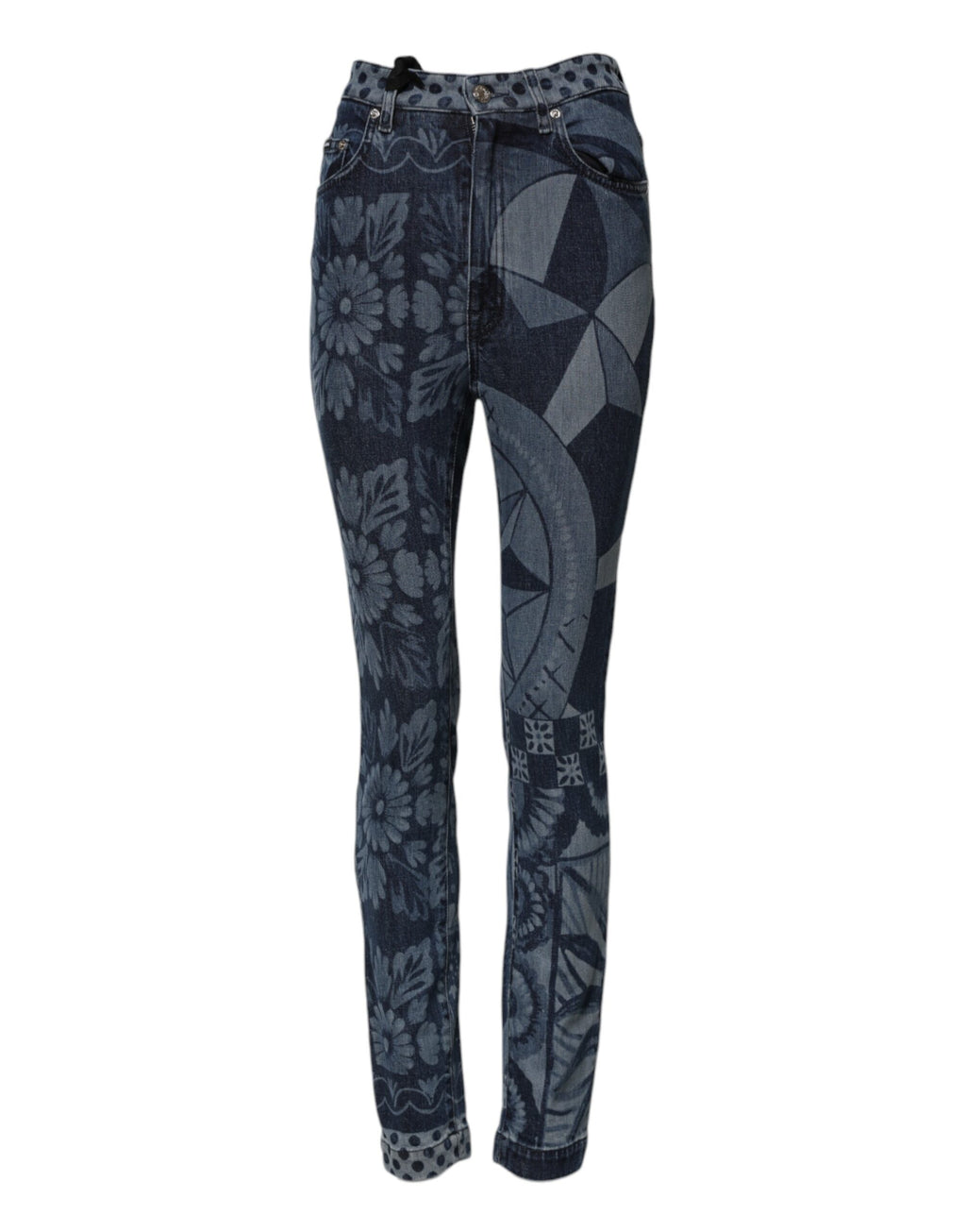 Jeans skinny en denim coton à motif graphique bleu de Dolce & Gabbana, visible avec détails de design moderne.