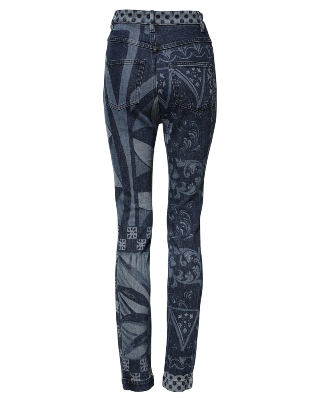 Jean skinny en denim coton Dolce & Gabbana avec imprimé graphique bleu, visible détail du design sur la photo.