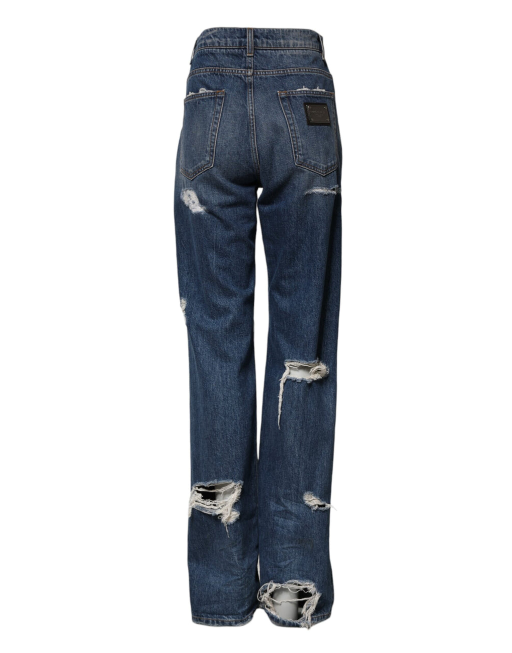 Jeans en denim droit bleu Dolce & Gabbana en coton déchiré, style décontracté et tendance, visibles sur l'image.