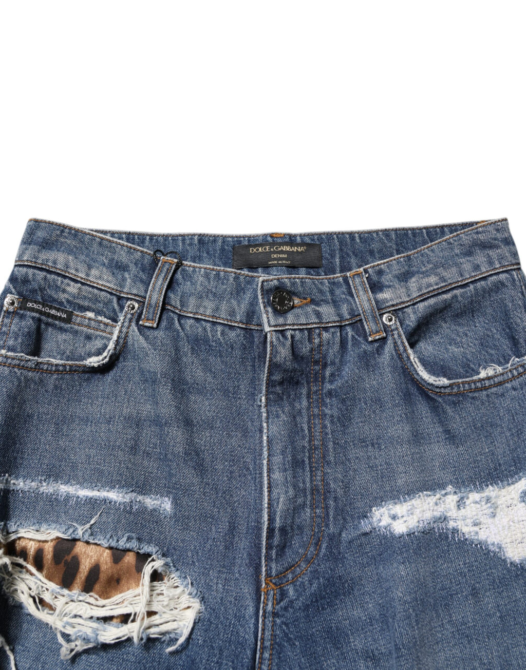 Jean droit en coton déchiré bleu de Dolce & Gabbana, style décontracté avec détails usés sur le denim.