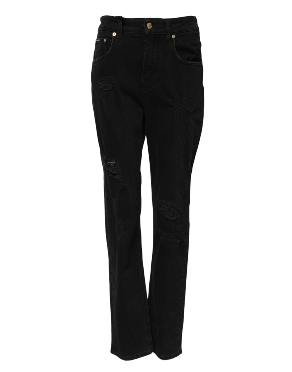 Jean boyfriend noir en denim de coton Dolce & Gabbana avec coupe évasée, visible en détail sur l'image.