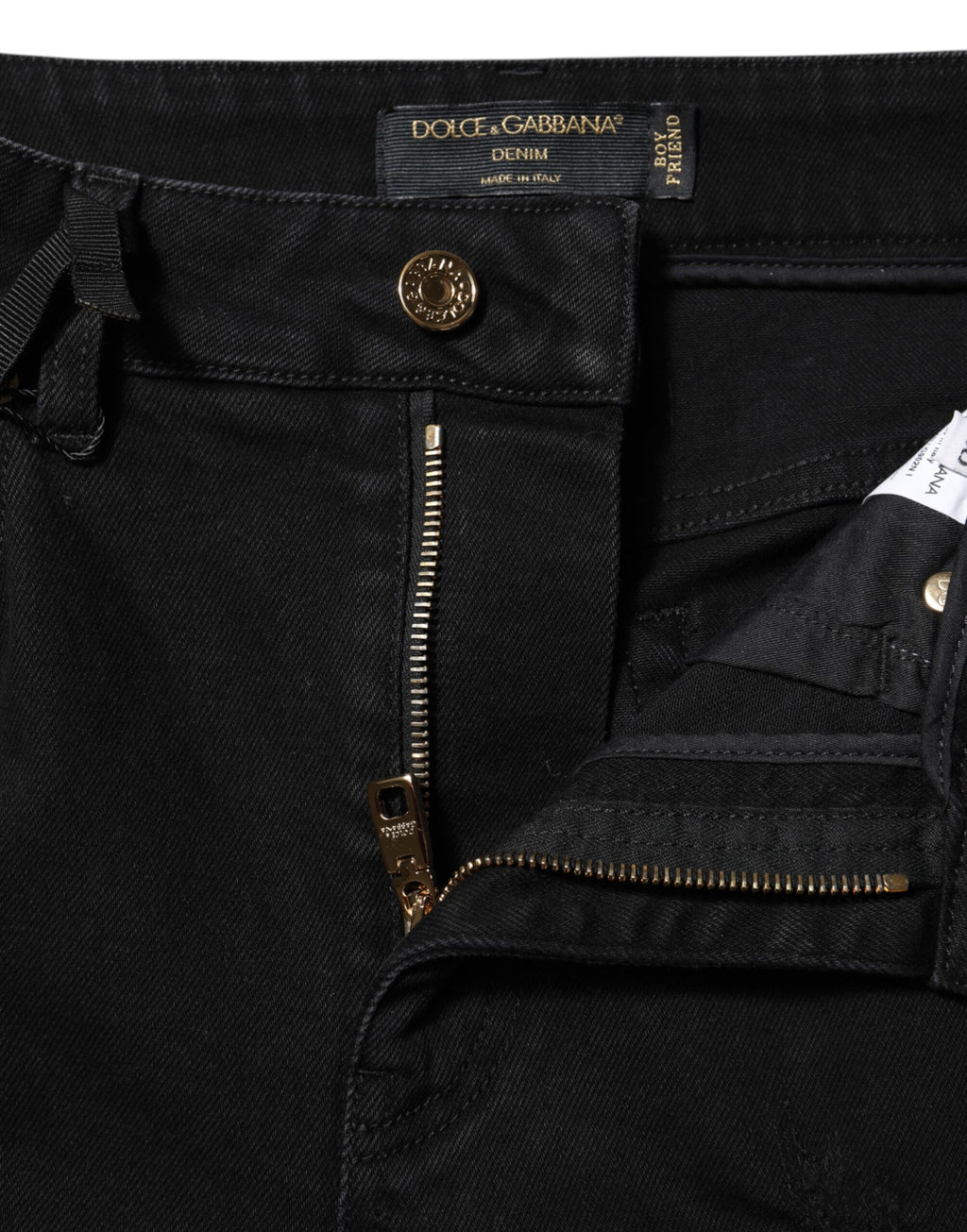 Jeans en denim noir boyfriend de Dolce & Gabbana, coupe évasée, en coton avec détails décontractés visibles sur l'image.