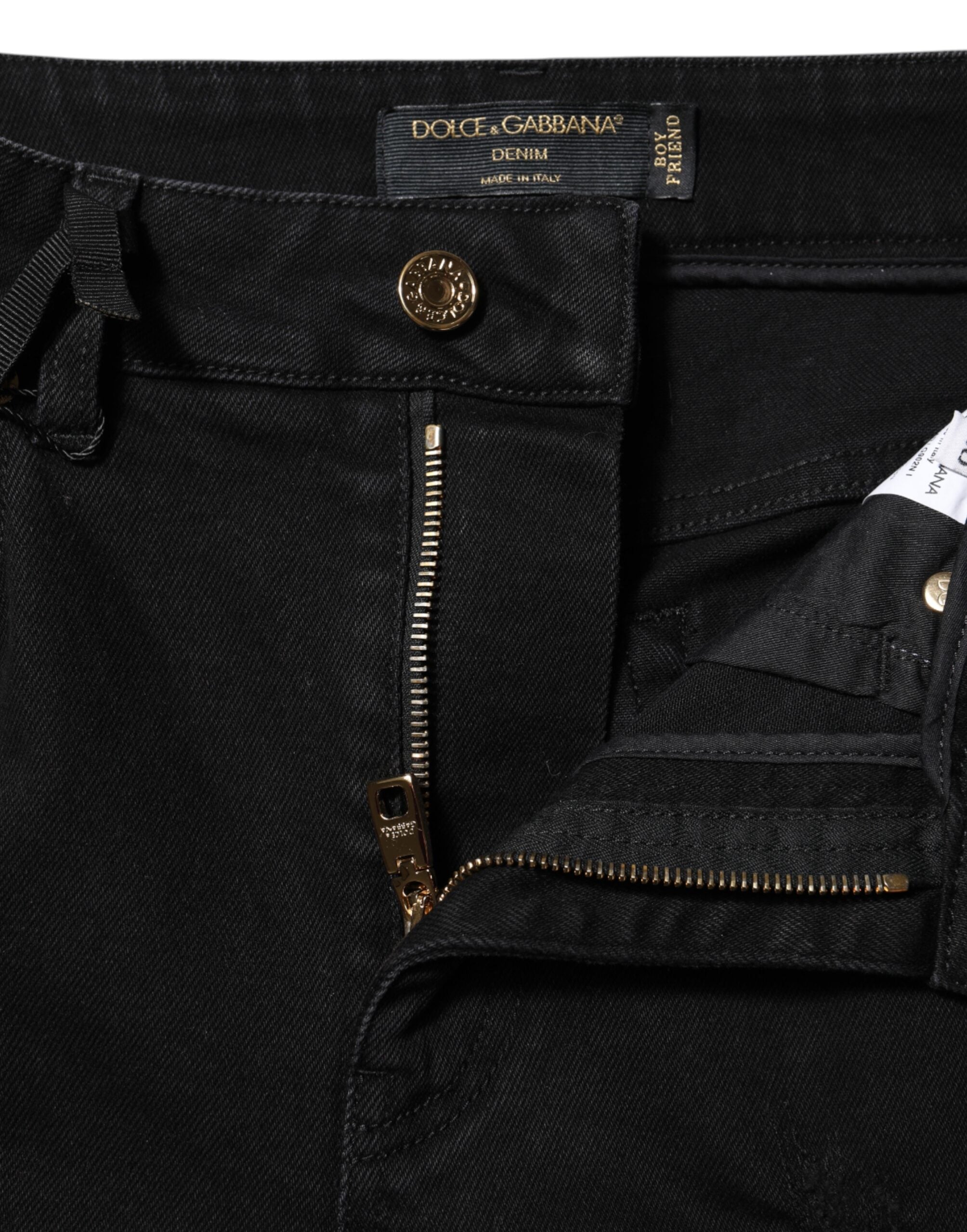 Jeans en denim noir boyfriend de Dolce & Gabbana, coupe évasée, en coton avec détails décontractés visibles sur l'image.