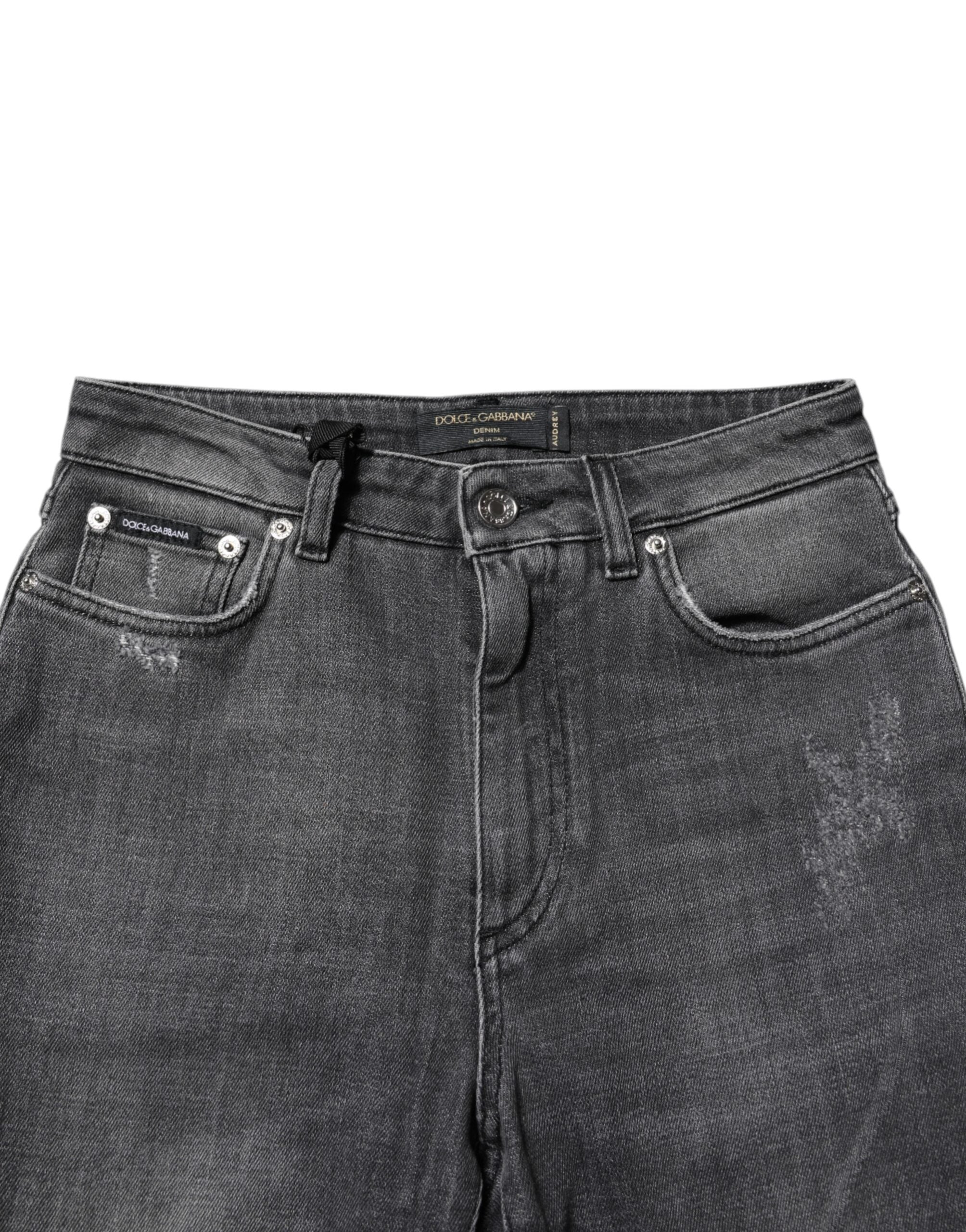 Jean skinny en coton gris foncé Dolce & Gabbana Audrey, coupe étroite et moderne, visible en détail dans l'image.