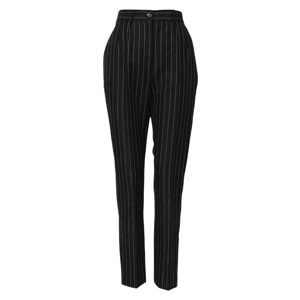 Pantalons noirs à rayures Dolce & Gabbana, taille haute et coupe tapered, en tissu élégant, visibles sur l'image.