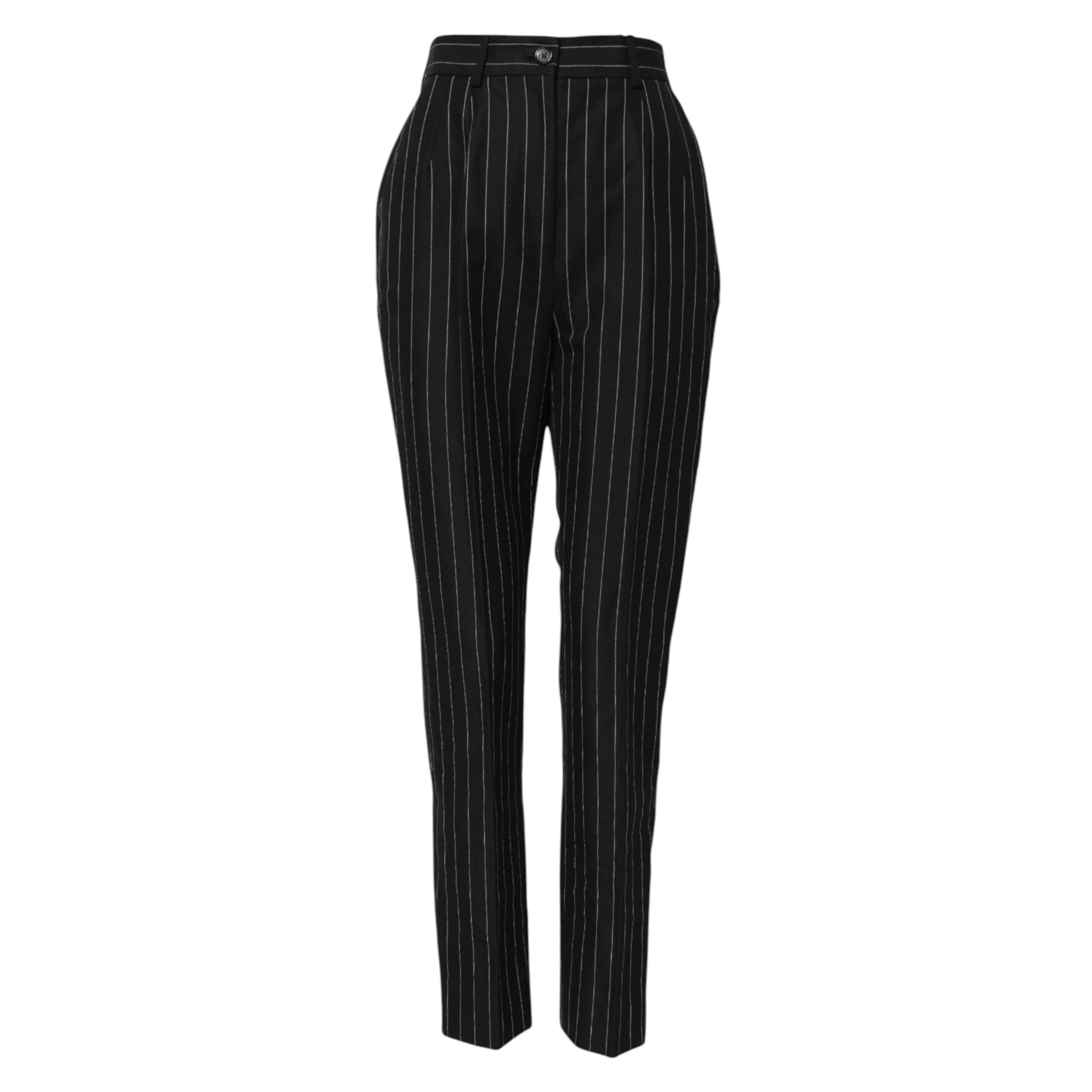 Pantalons noirs à rayures Dolce & Gabbana, taille haute et coupe tapered, en tissu élégant, visibles sur l'image.