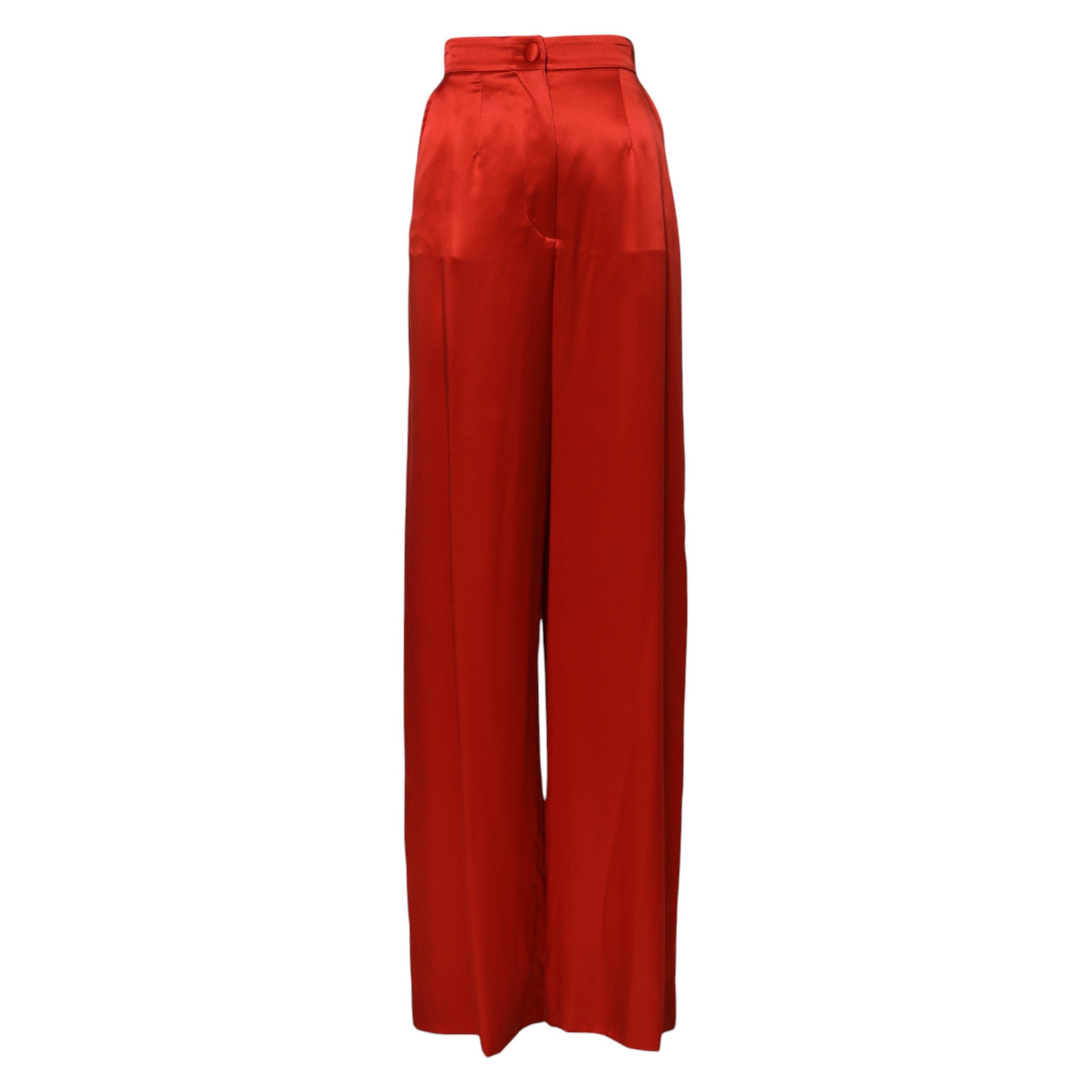Pantalons en satin rouge à taille haute et jambes larges de Dolce & Gabbana, style élégant et moderne.