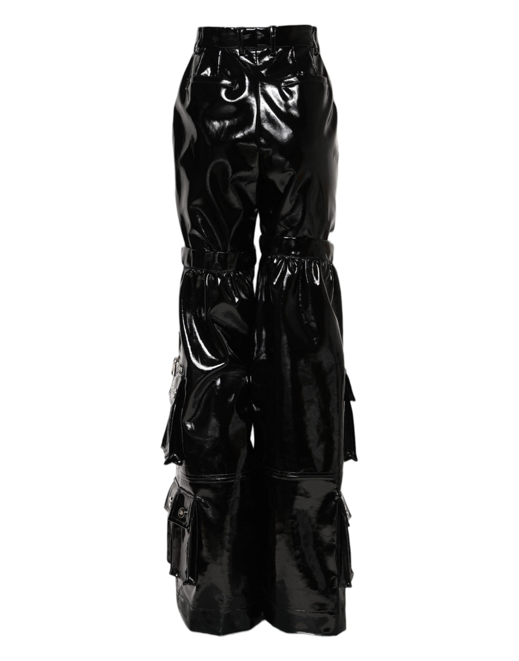Pantalon cargo noir à taille haute et coupe bootcut de Dolce & Gabbana, visible avec détails de couture et ceinture élégante.