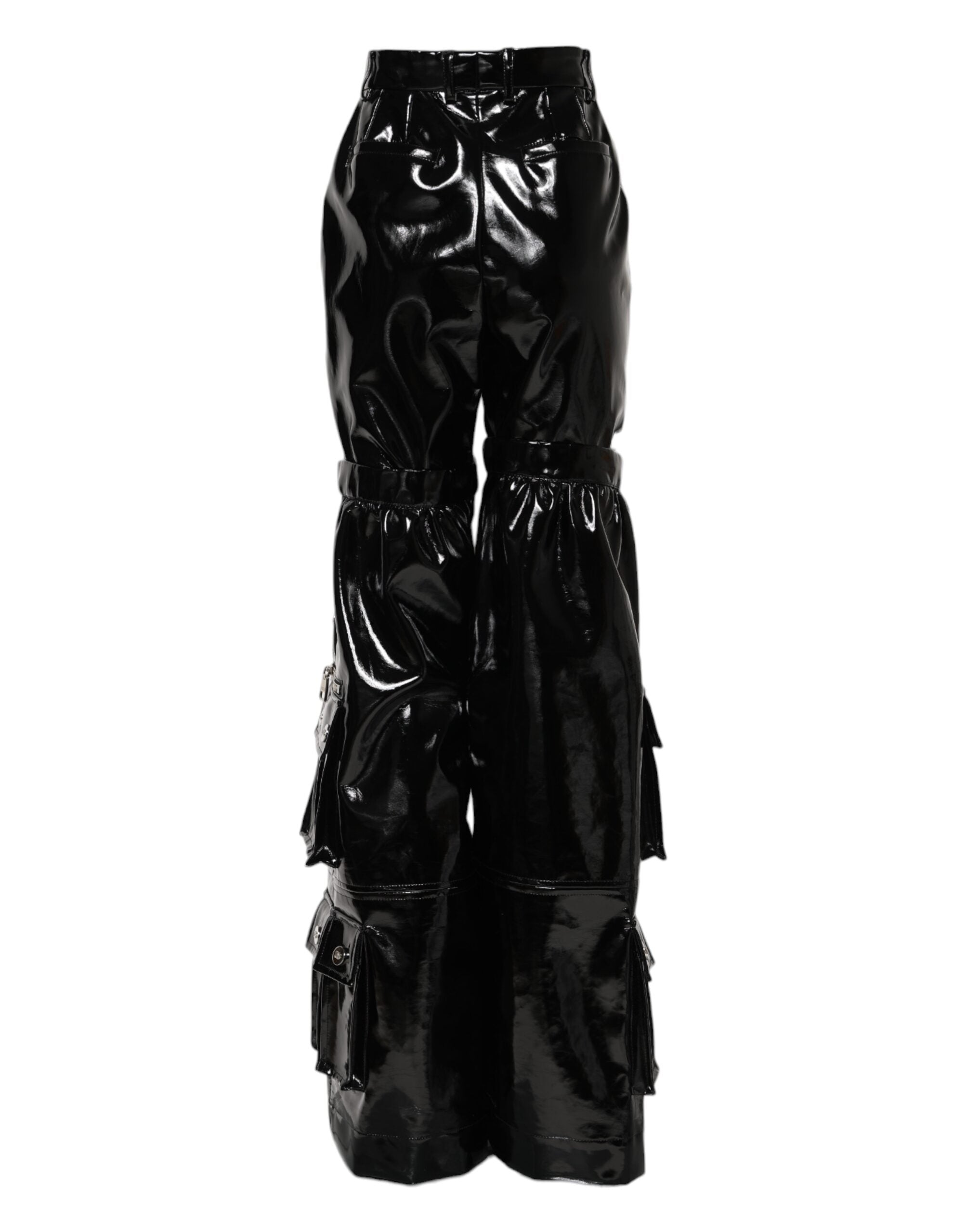 Pantalon cargo noir à taille haute et coupe bootcut de Dolce & Gabbana, visible avec détails de couture et ceinture élégante.