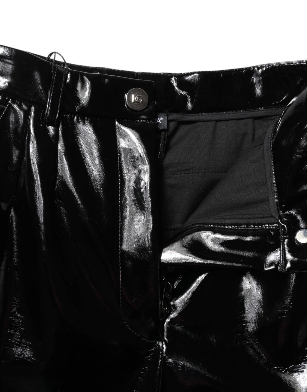 Pantalons cargo noir taille haute Dolce & Gabbana, coupe bootcut, en tissu épais avec poches latérales et détails élégants.