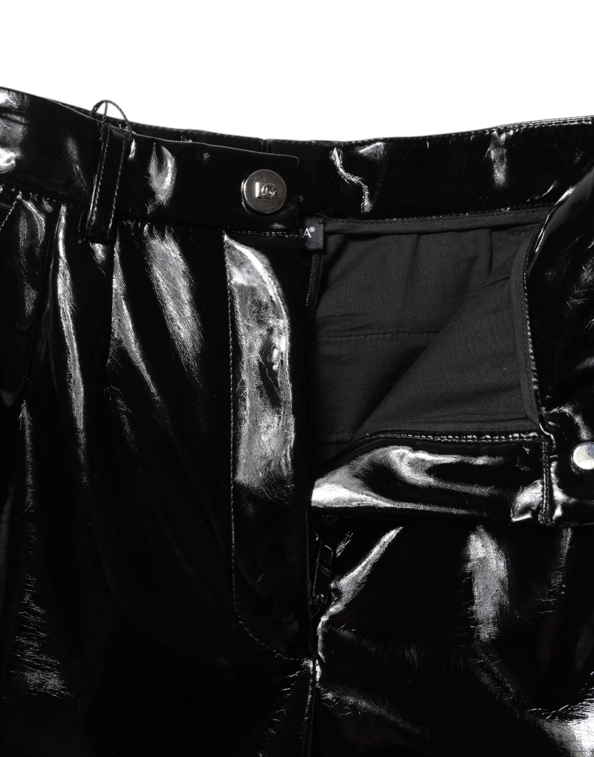 Pantalons cargo noir taille haute Dolce & Gabbana, coupe bootcut, en tissu épais avec poches latérales et détails élégants.