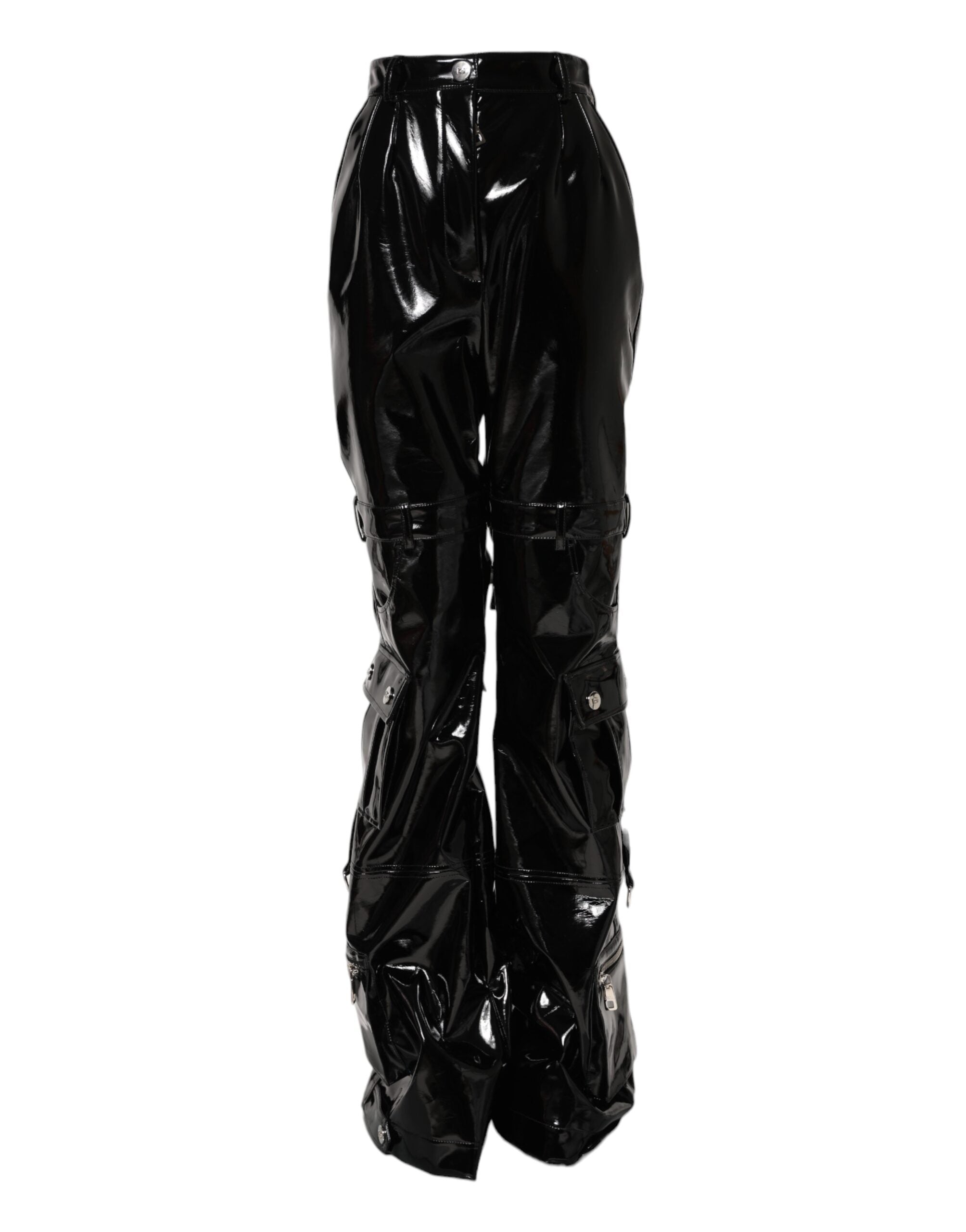 Pantalons cargo noir à taille haute et coupe bootcut de Dolce & Gabbana, vue de face, en tissu fluide et élégant.