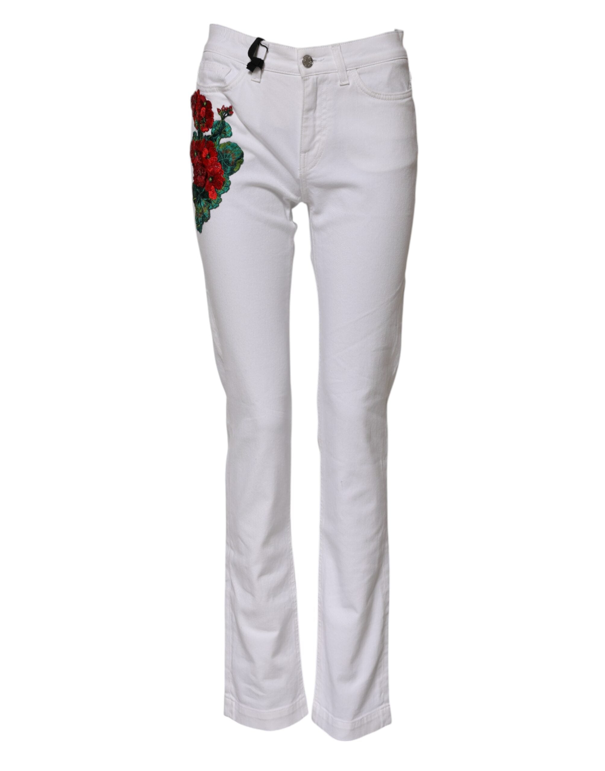 Jeans en denim blanc Dolce & Gabbana avec broderie florale, style féminin et détails élégants.