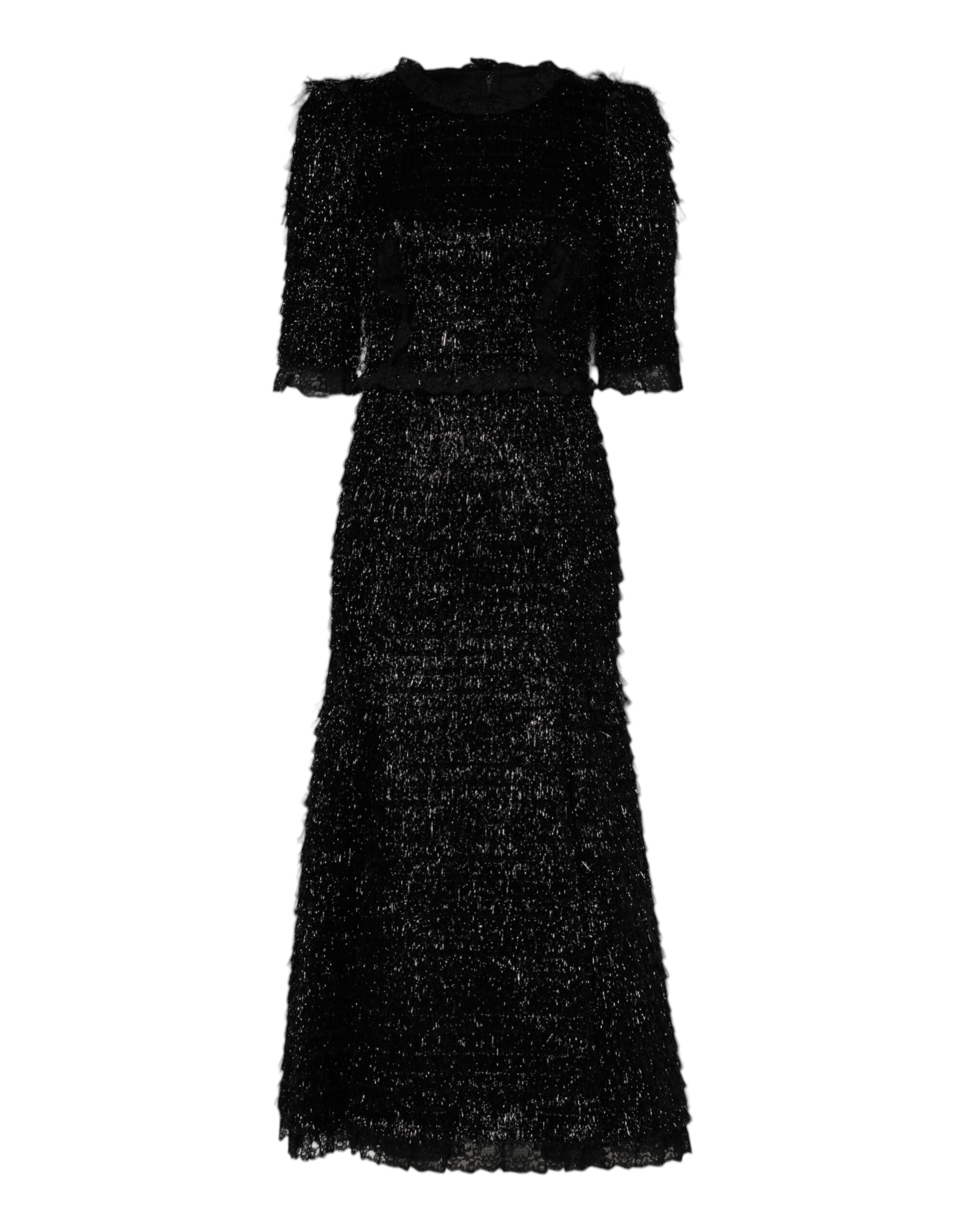 Robe mi-longue en polyester noir métallisé de Dolce & Gabbana, coupe évasée en ligne A, élégante et sophistiquée.
