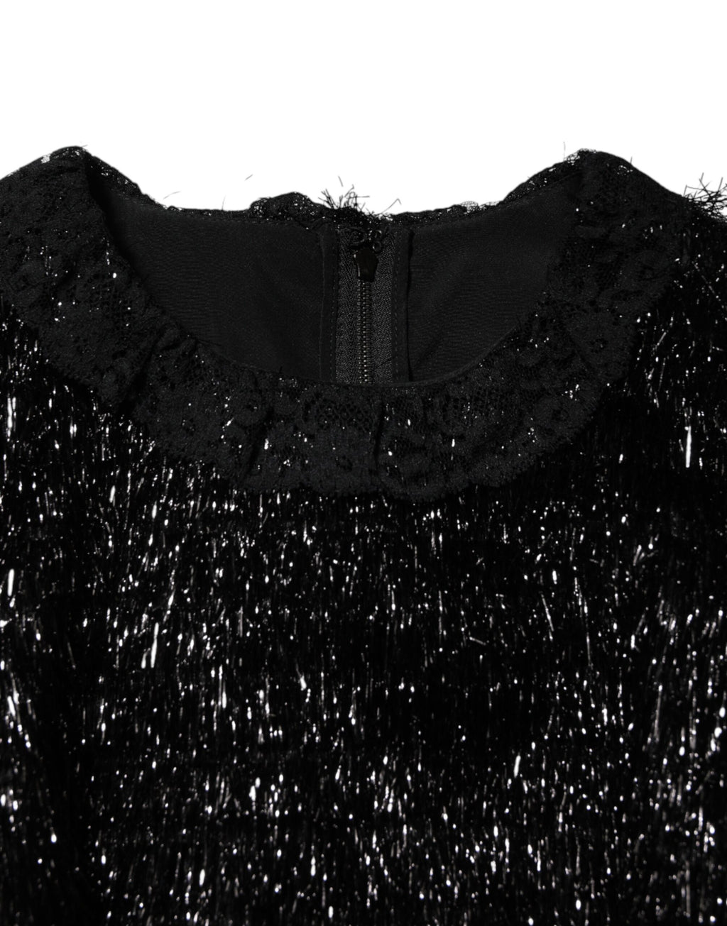 Robe midi en polyester noir métallique de style A-line de Dolce & Gabbana, vue de face avec détails brillants.