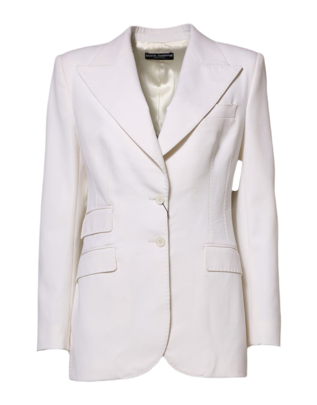 Manteau femme blanc en laine à un seul rang de boutons de la marque Dolce & Gabbana, coupe classique et élégante.