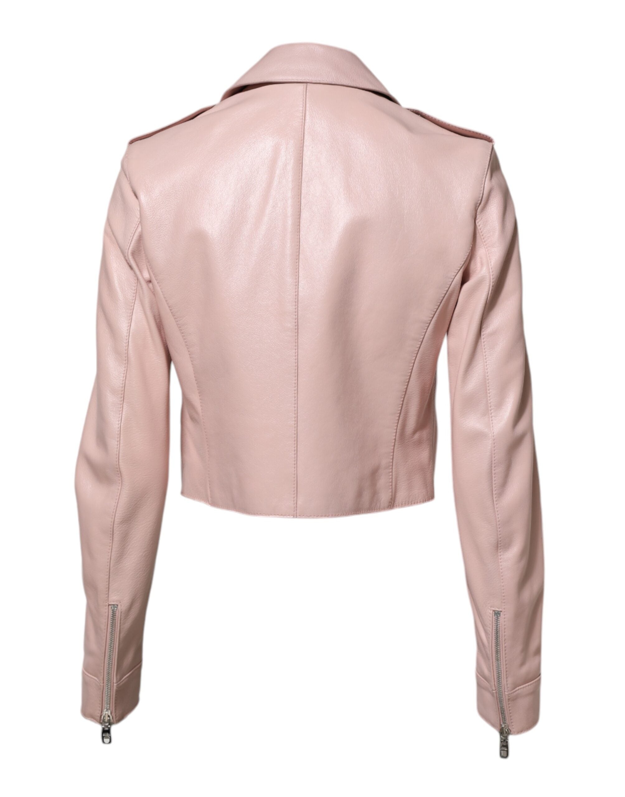 Veste en cuir rose clair pour femme de style biker avec col de la marque Dolce & Gabbana, vue de face.