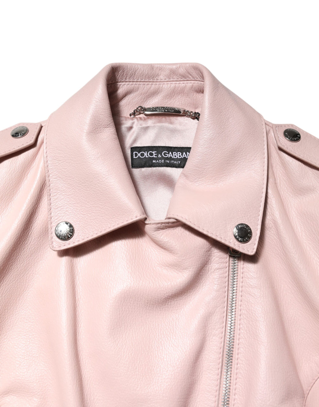 Veste en cuir pour femme Dolce & Gabbana, blouson biker rose clair avec col en cuir, détails modernes et élégants.
