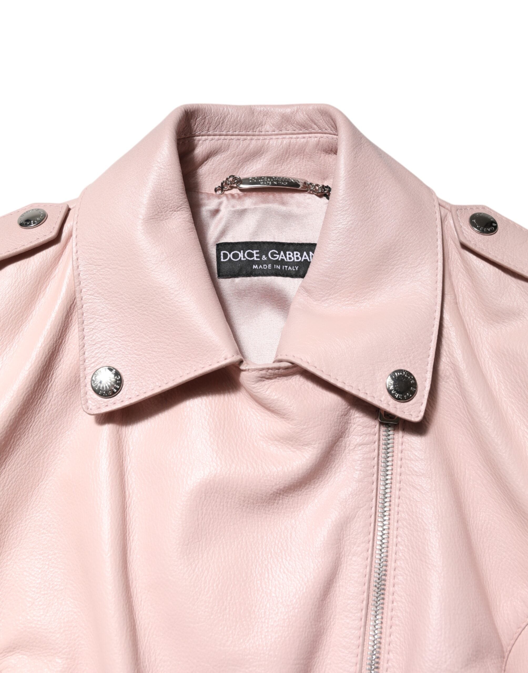 Veste en cuir pour femme Dolce & Gabbana, blouson biker rose clair avec col en cuir, détails modernes et élégants.