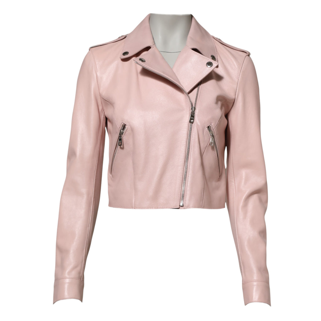 Veste en cuir rose pâle pour femmes de la marque Dolce & Gabbana, style biker avec col élégant, vue de face.