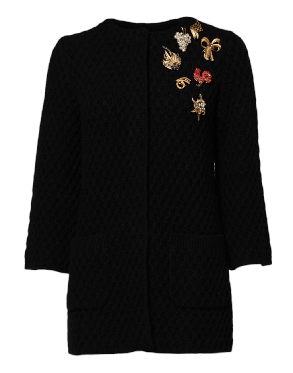 Veste matelassée en cachemire noir Dolce & Gabbana avec embellissements, visible avec détails de couture et finition élégante.