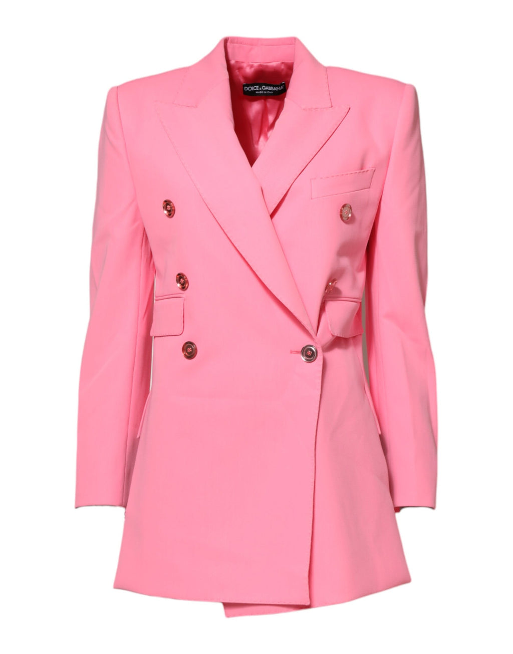 Manteau pour femme rose Dolce & Gabbana à double boutonnage, élégant, en tissu chaud, porté sur un mannequin.