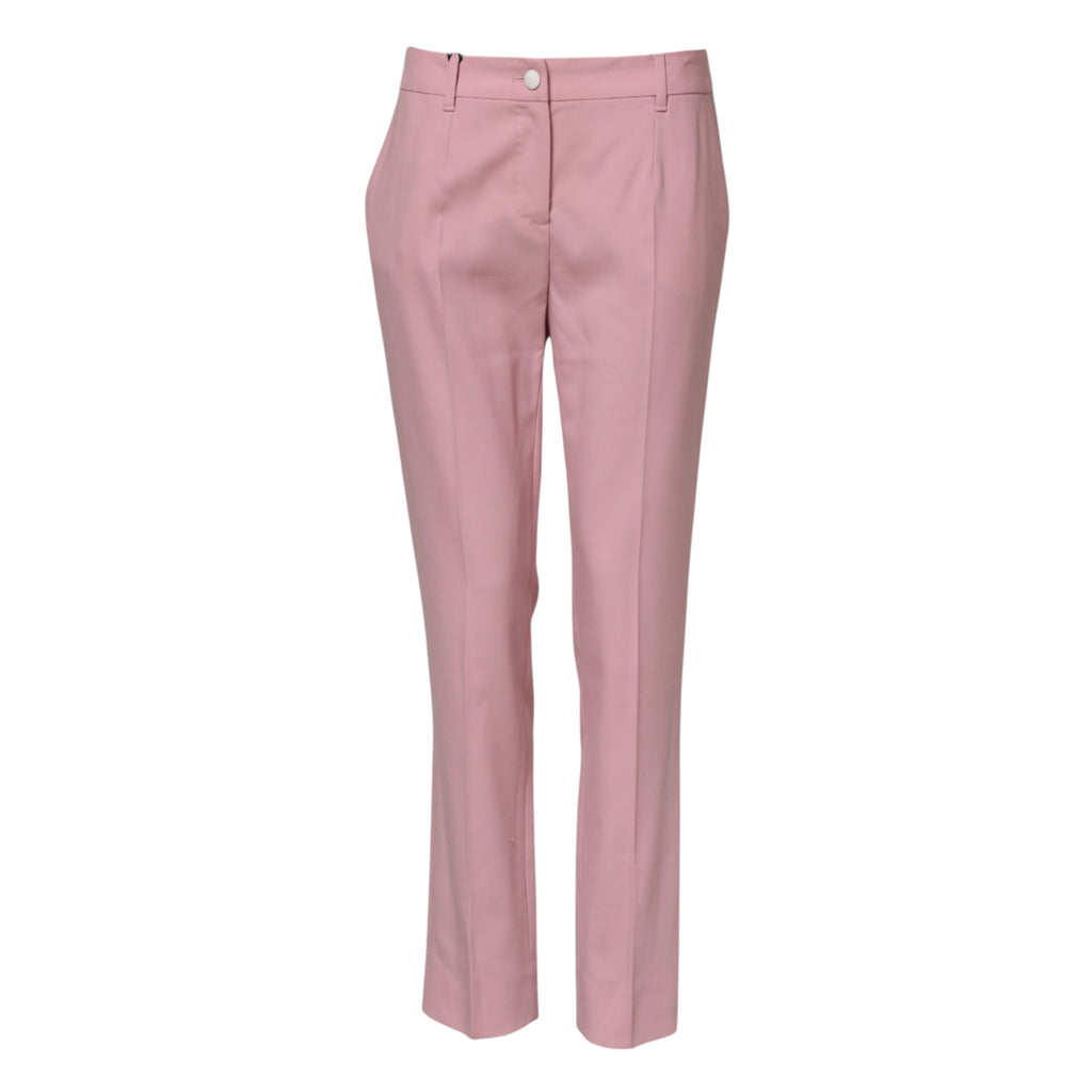 Pantalons en laine rose Dolce & Gabbana, taille moyenne, coupe tapered, vue de face avec détails de couture.