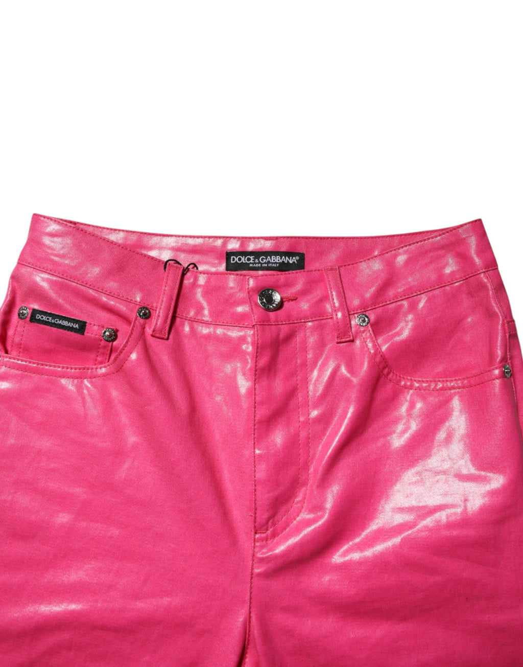 Jeans skinny en coton rose Dolce & Gabbana à taille haute, coupe ajustée et élégante, visibles sur cette image.