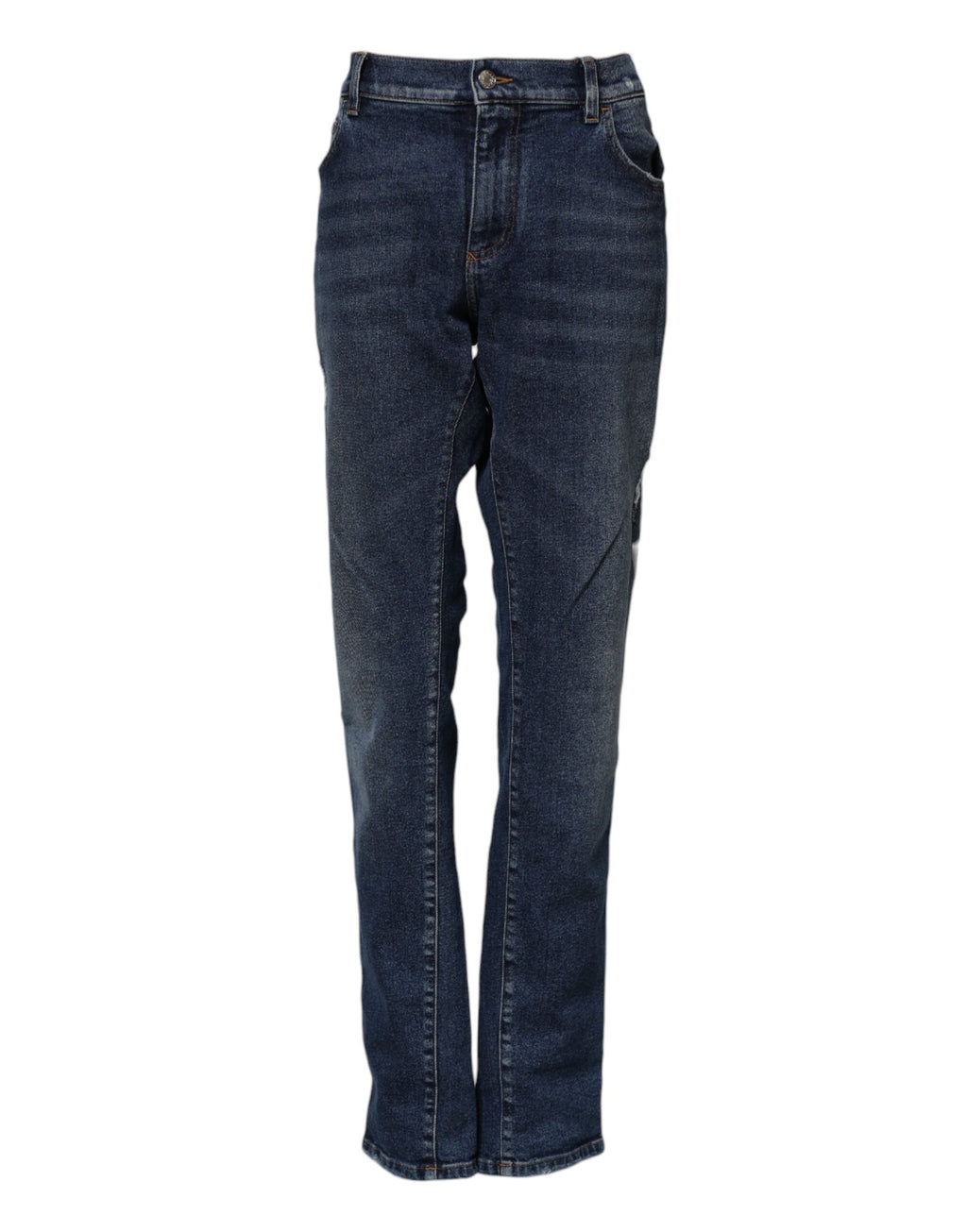 Jeans en denim bleu Dolce & Gabbana, coupe droite, taille mi-haute, visibles sur un mannequin.