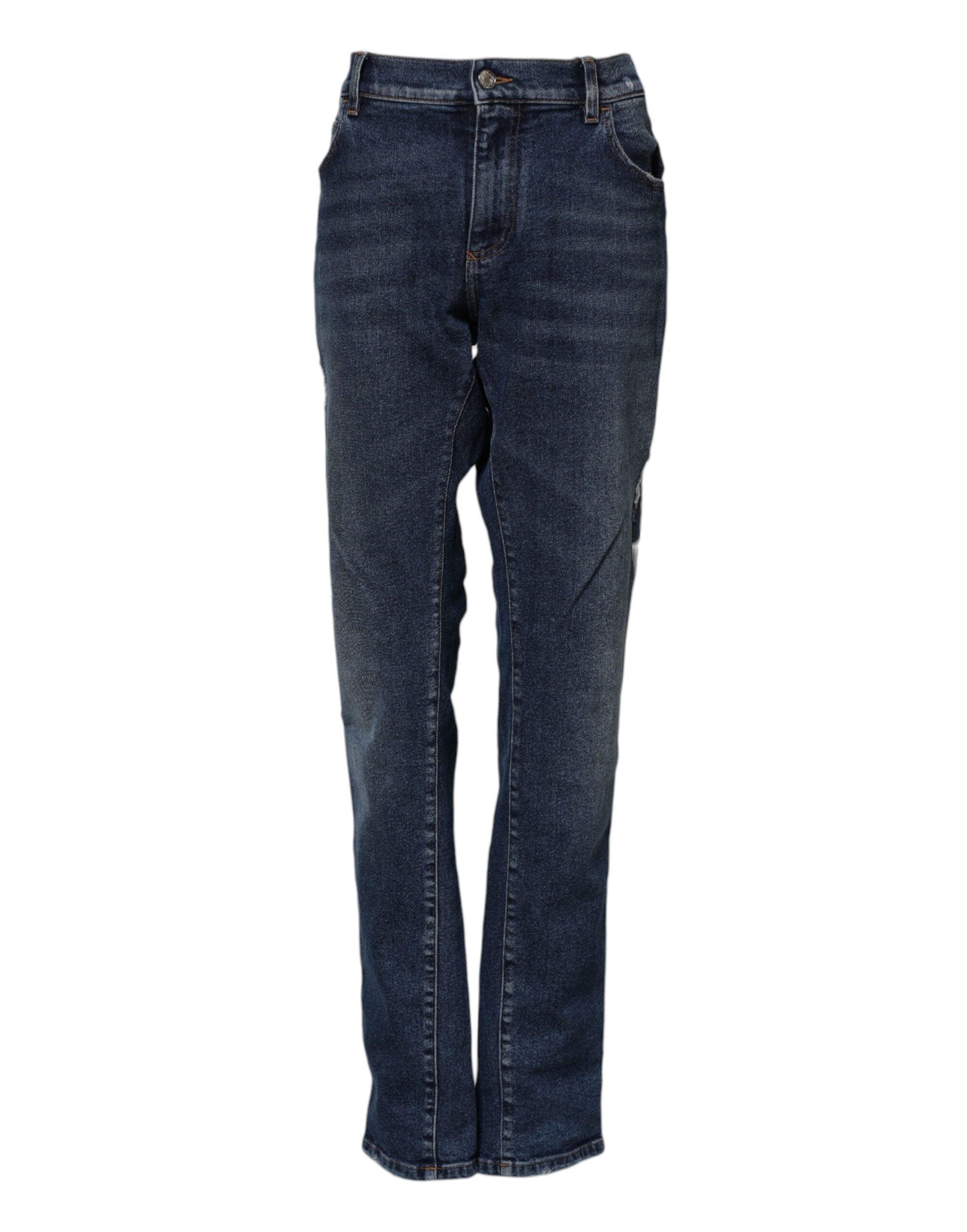 Jeans en denim bleu Dolce & Gabbana, coupe droite, taille mi-haute, visibles sur un mannequin.