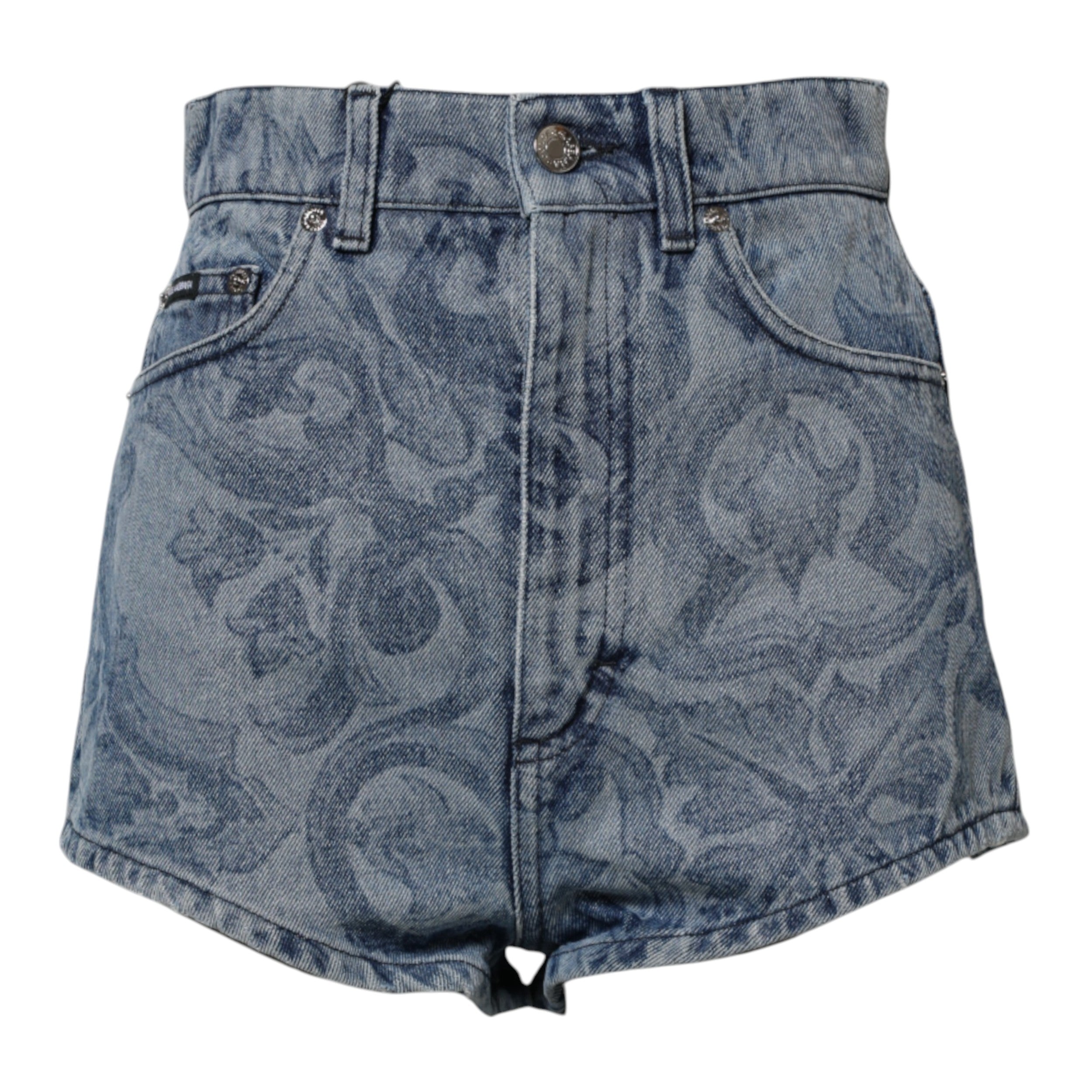 Shorts en denim coton Dolce & Gabbana à imprimé floral bleu, style hot pants avec coupe ajustée et détails tendance.