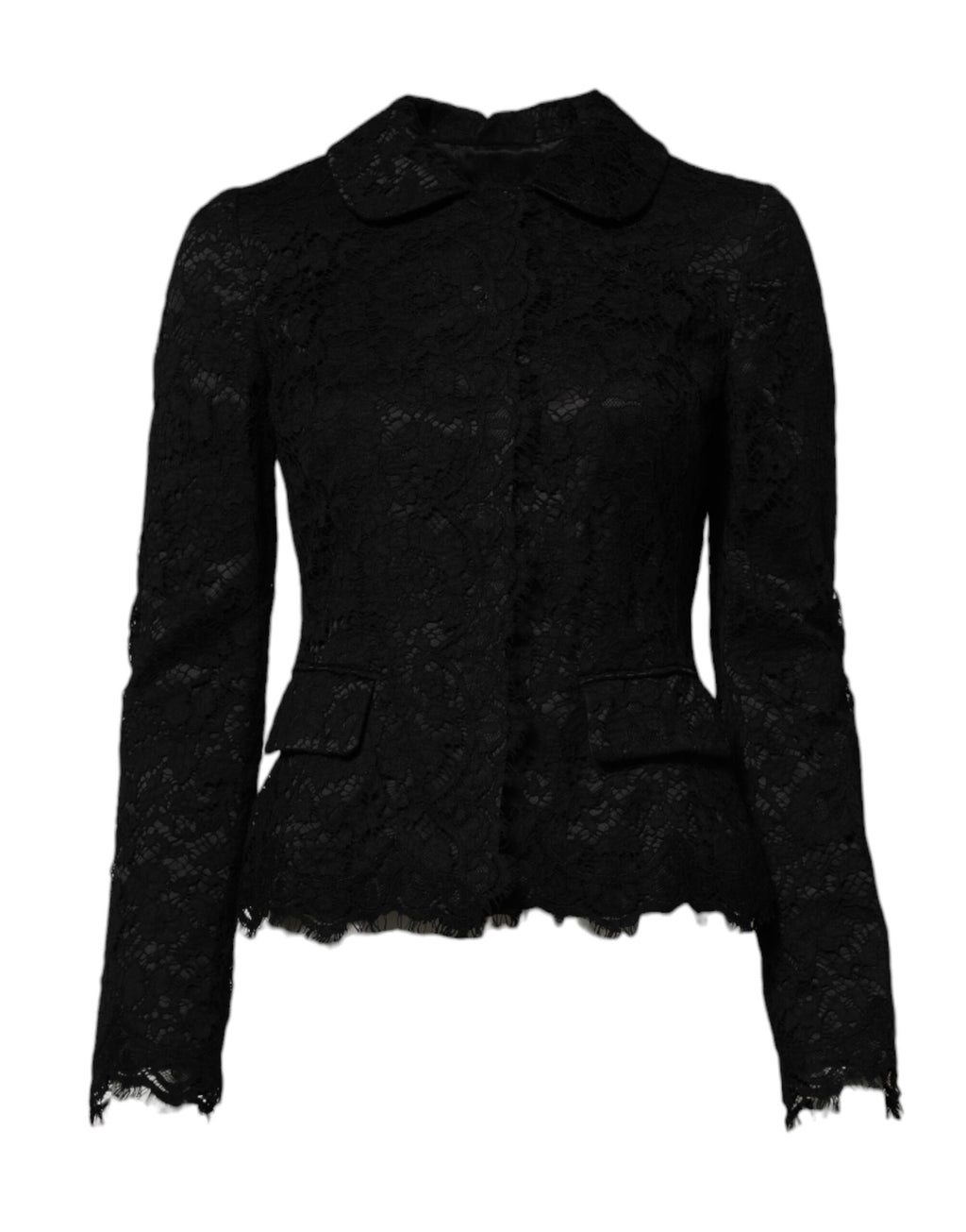 Veste noire en dentelle florale en coton avec col à la mode Dolce & Gabbana, élégante et raffinée.