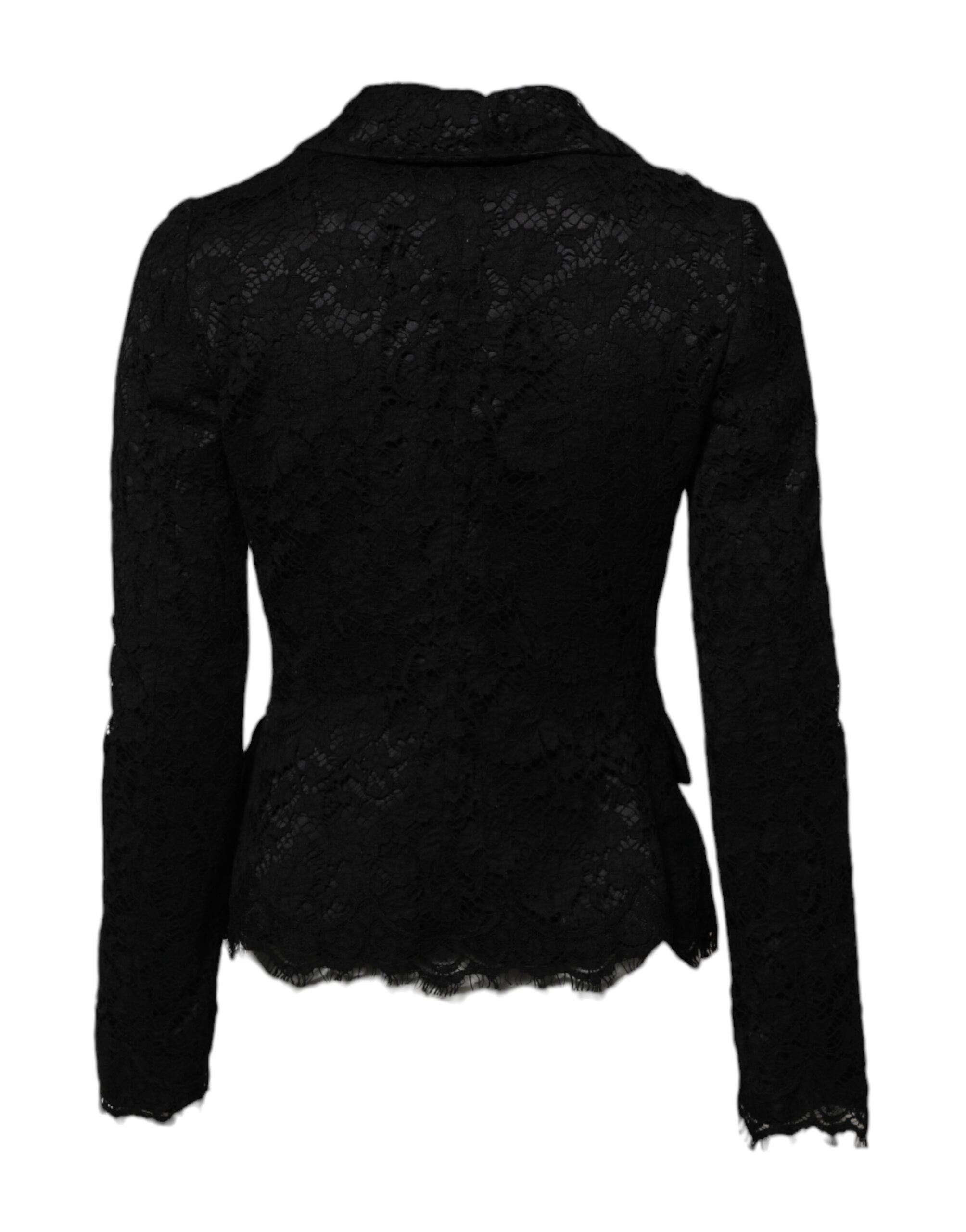 Veste en coton noire Dolce & Gabbana avec col, dentelle florale élégante et détails raffinés.
