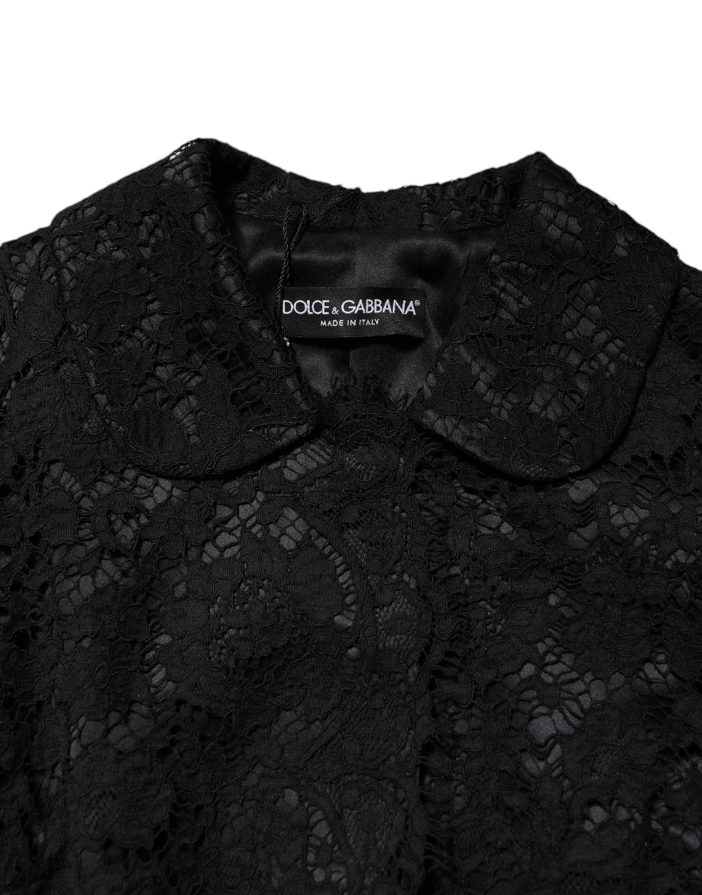 Veste en coton noir Dolce & Gabbana avec broderie florale en dentelle et col, élégante et sophistiquée.