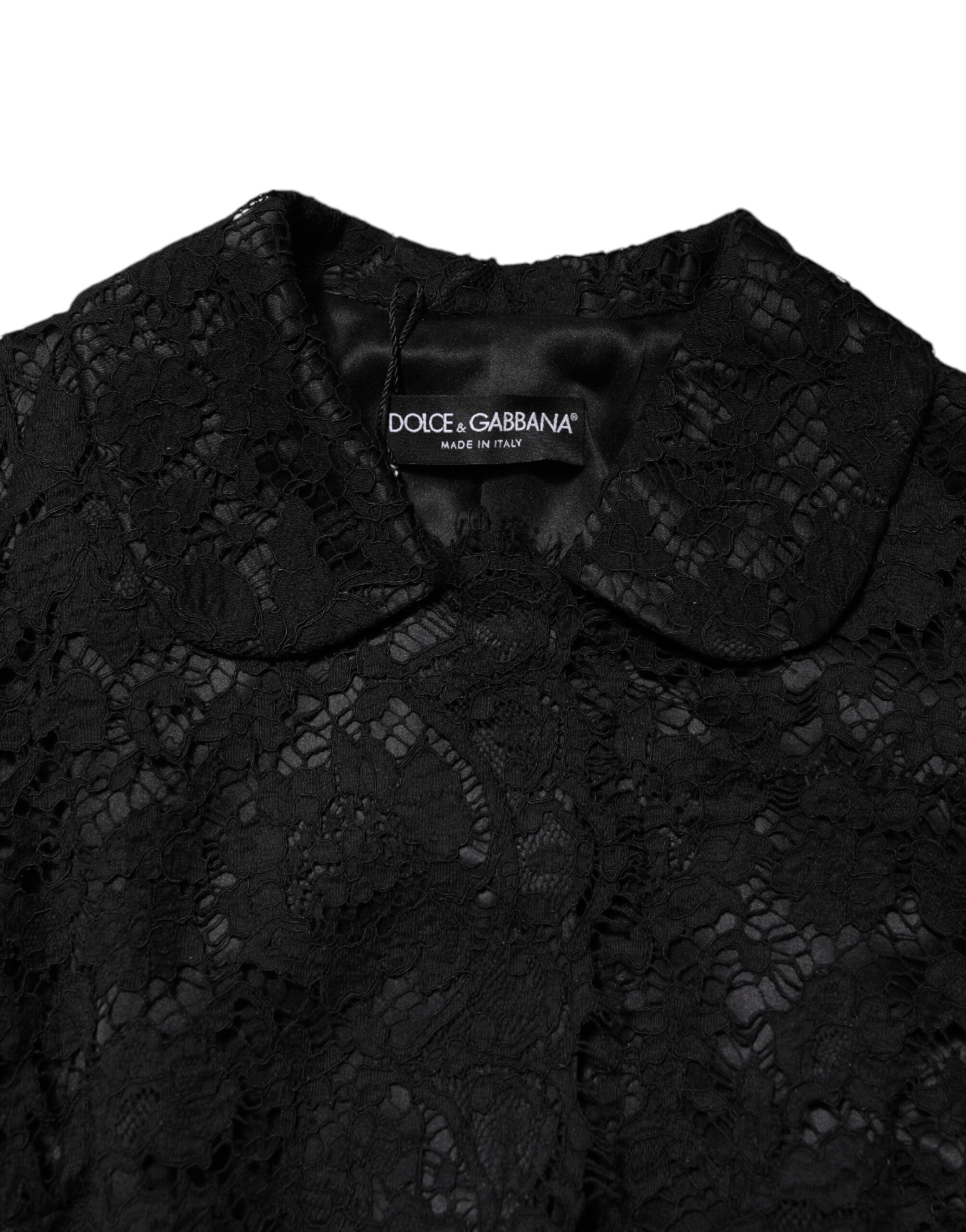 Veste en coton noir Dolce & Gabbana avec broderie florale en dentelle et col, élégante et sophistiquée.