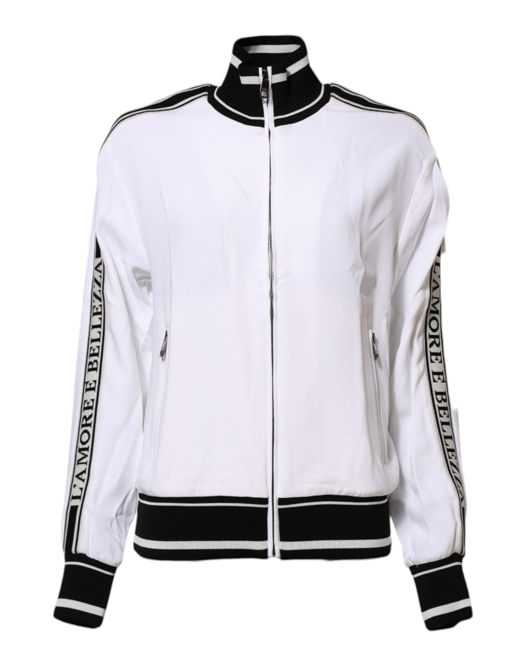 Veste blanche en viscose Dolce & Gabbana pour femmes avec logo, zip complet, style élégant et moderne.