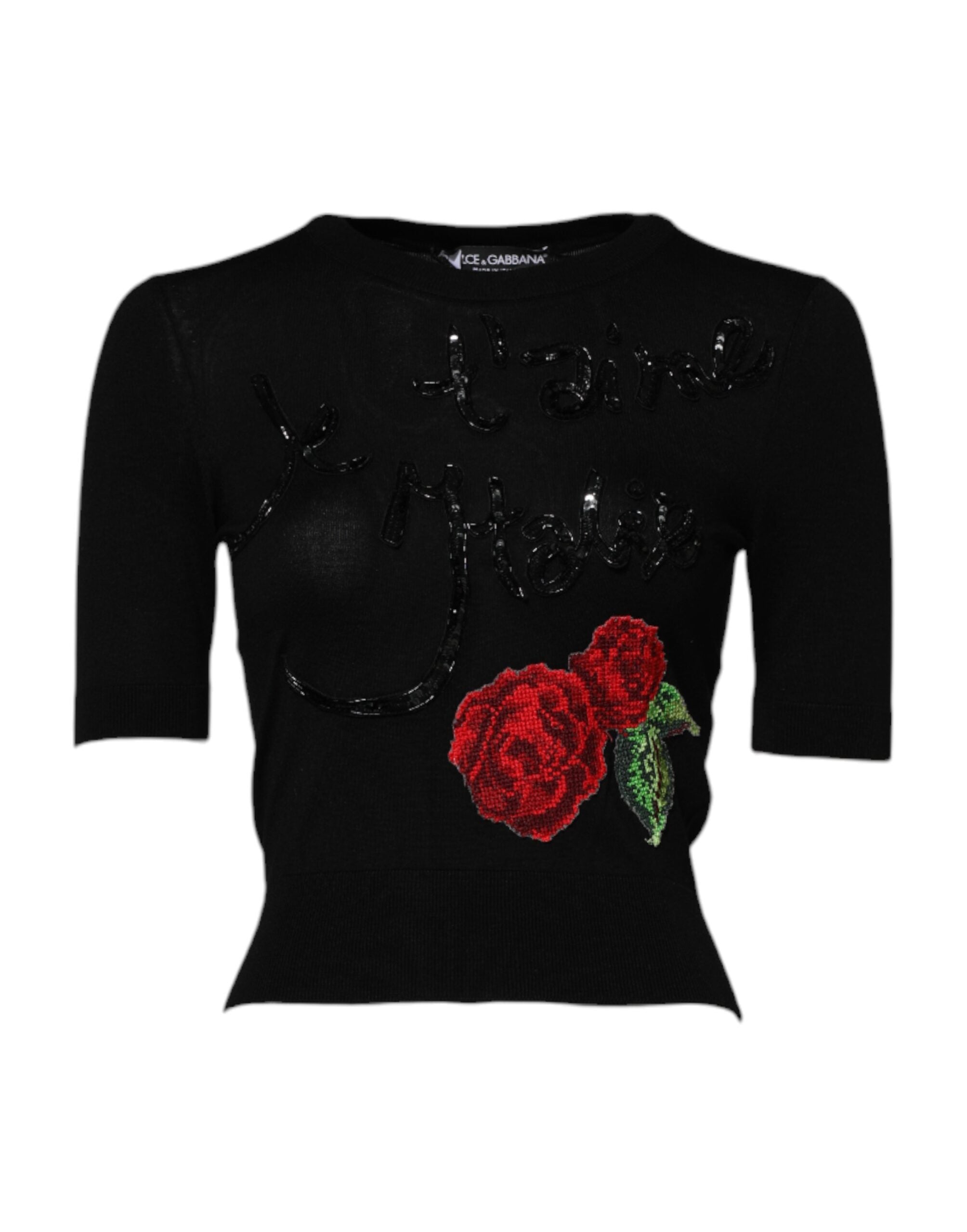 Blouse Dolce & Gabbana noire avec embellissements de sequins en forme de rose, col arrondi et manches longues.