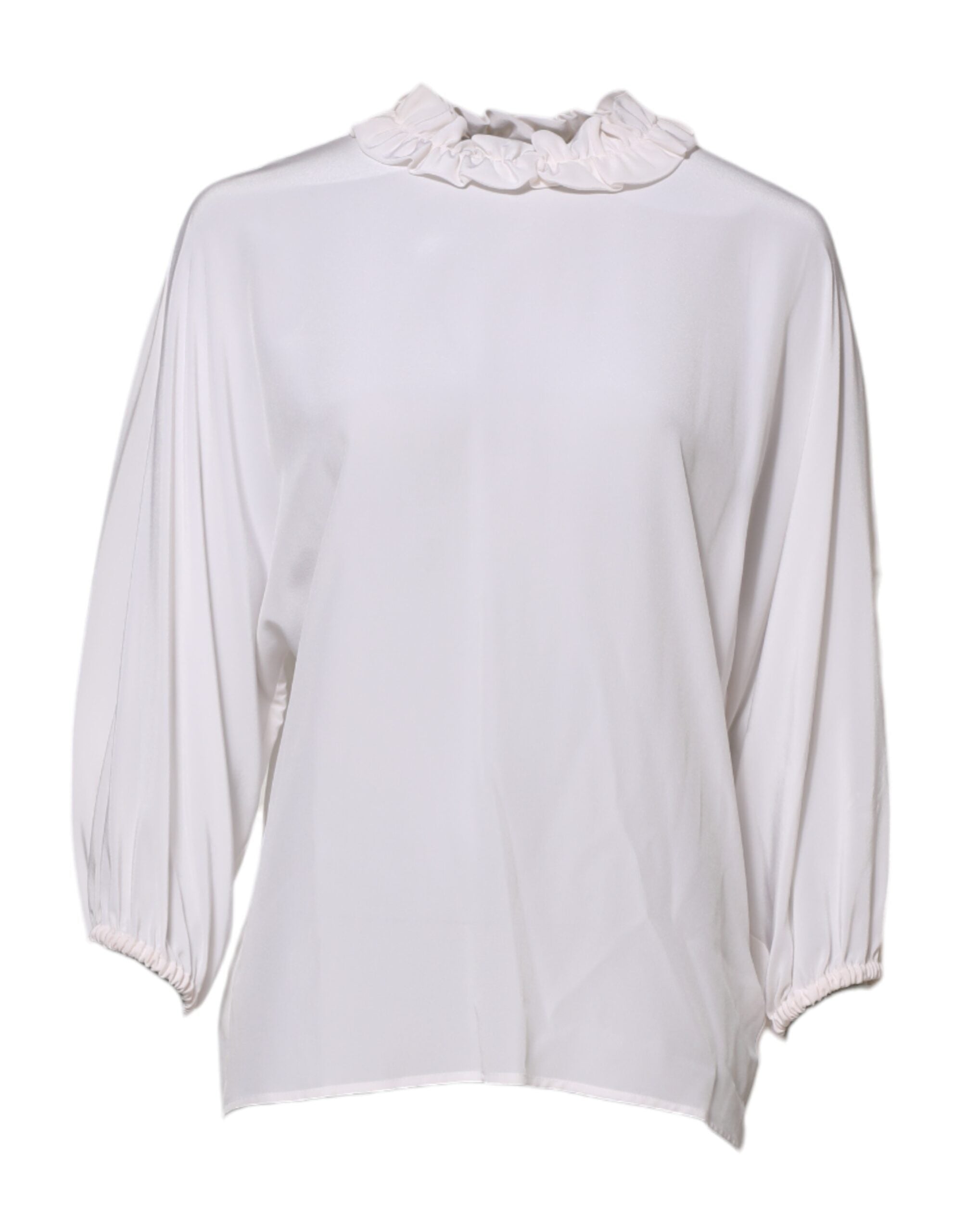 Blouse Dolce & Gabbana blanche à col volanté et détails plissés, vue de face, en tissu léger.