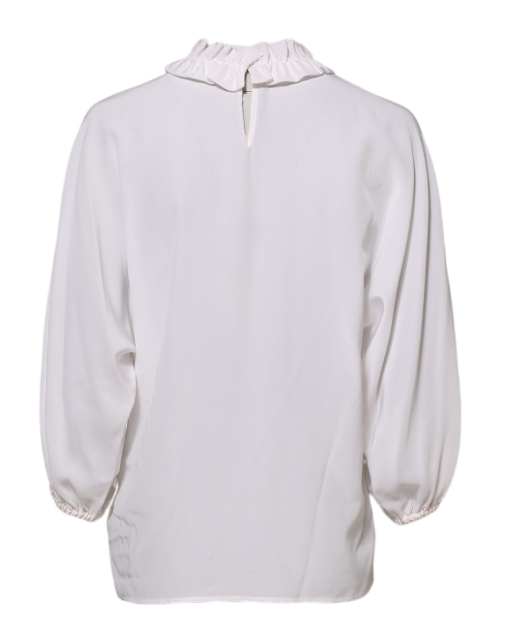 Blouse blanche Dolce & Gabbana à col volanté et détails plissés, vue de face.
