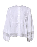 Blouse blanche Dolce & Gabbana en dentelle plissée avec embellissements et détail à volants, vue de face.