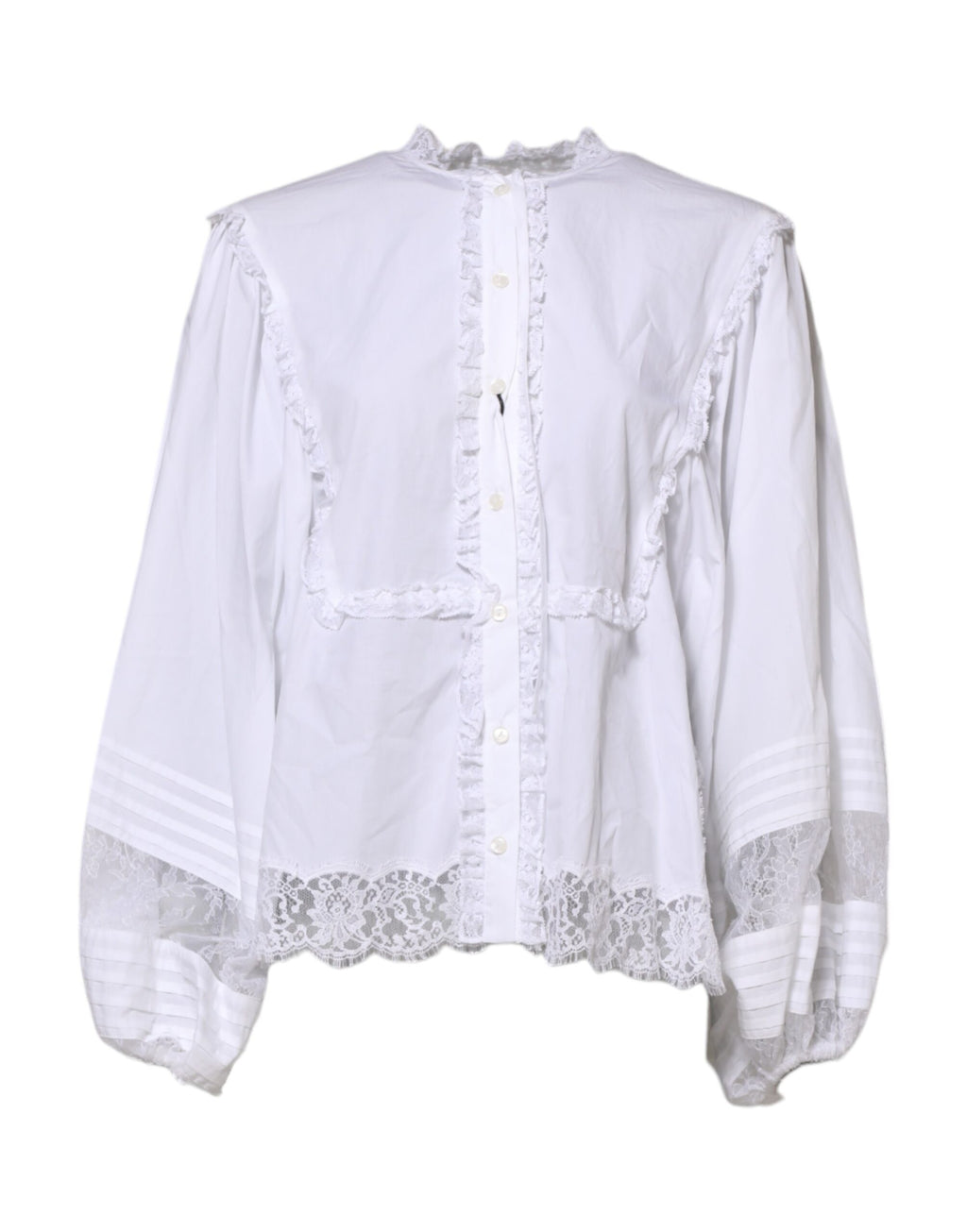 Blouse blanche Dolce & Gabbana en dentelle avec volants et embellissements, vue de face sur mannequin.