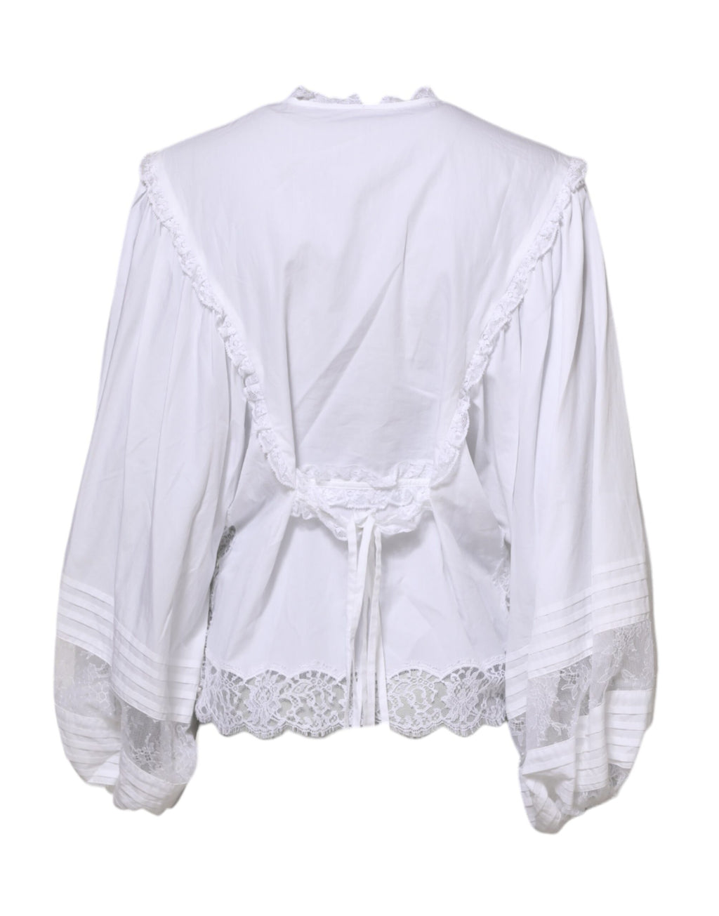 Blouse blanche Dolce & Gabbana avec volants en dentelle ornée de détails embellis, vue de face.