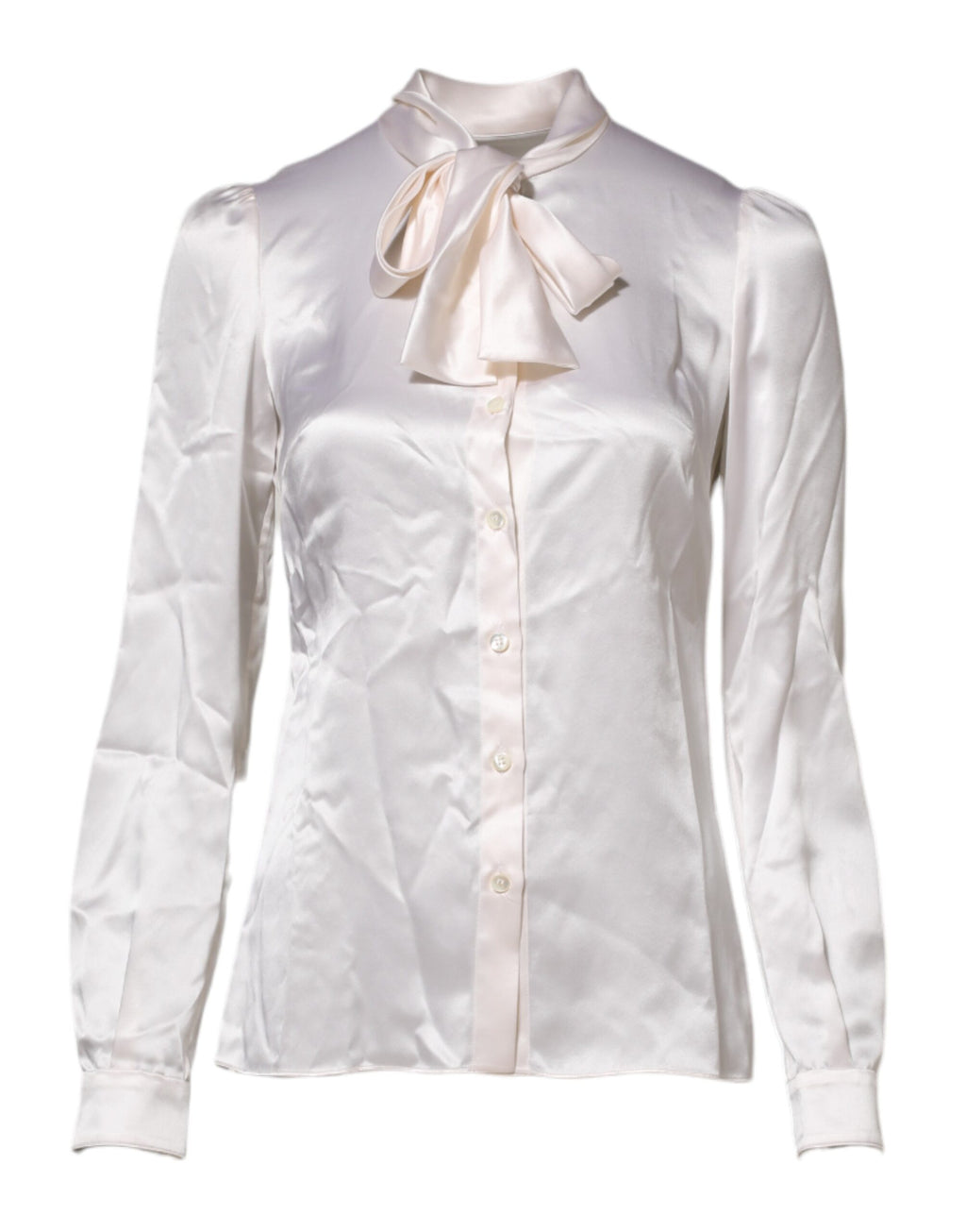 Blouse blanche à col ascot à manches longues de Dolce & Gabbana, vue de face, détails élégants et tissu léger.
